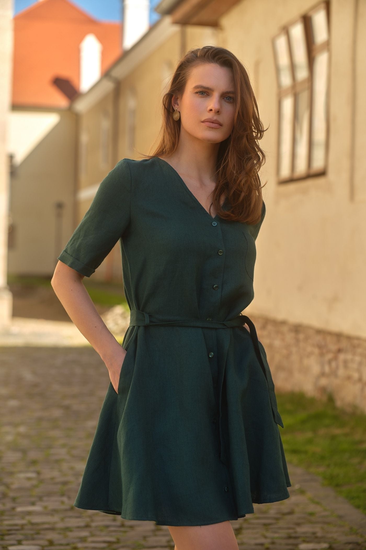 Agatha Long Sleeve Linen Dress Forest Green