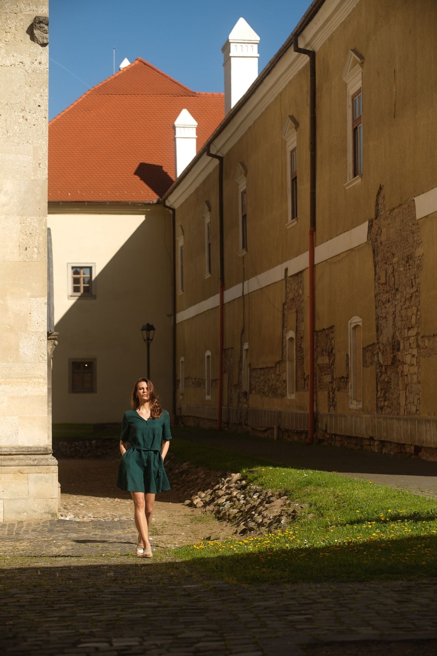 Agatha Long Sleeve Linen Dress Forest Green