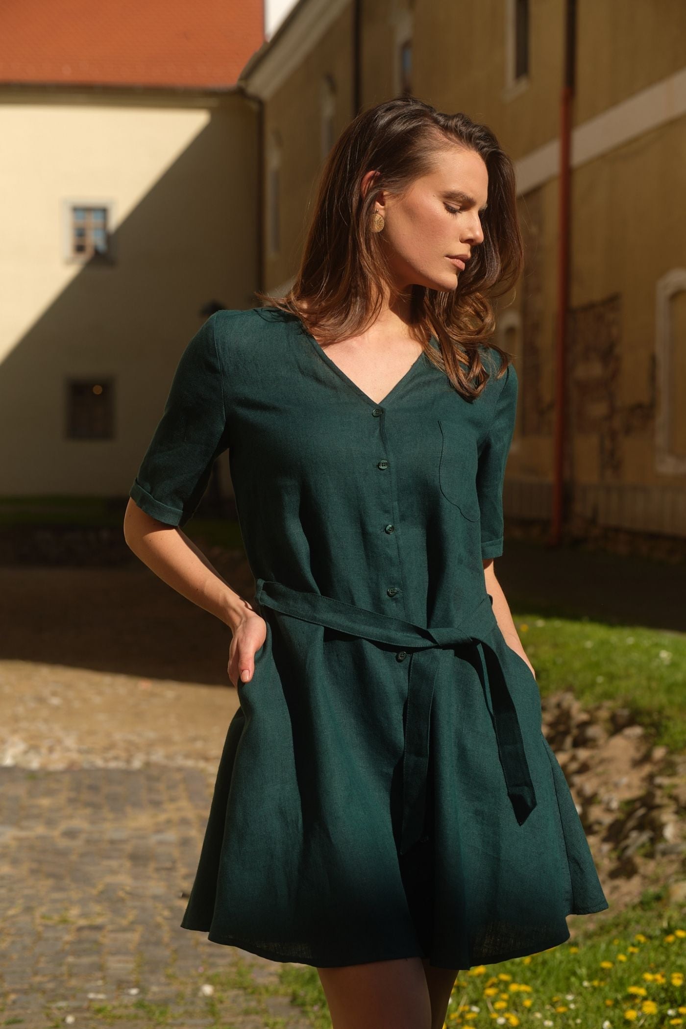 Agatha Long Sleeve Linen Dress Forest Green