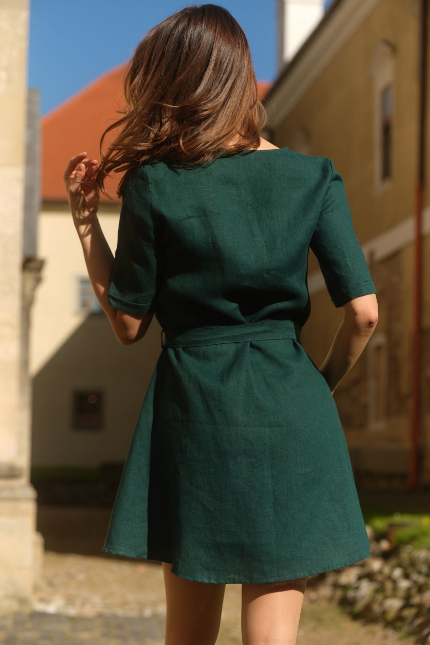 Agatha Long Sleeve Linen Dress Forest Green