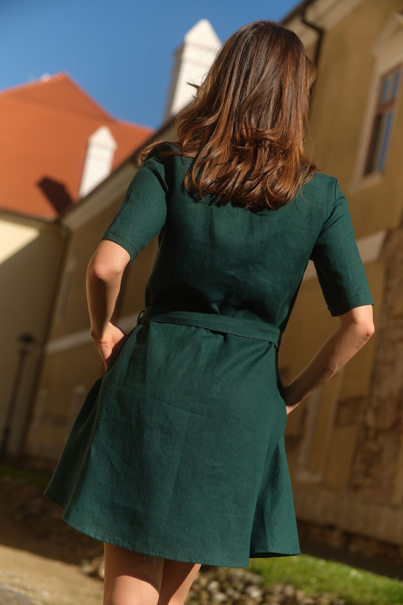 Agatha Long Sleeve Linen Dress Forest Green