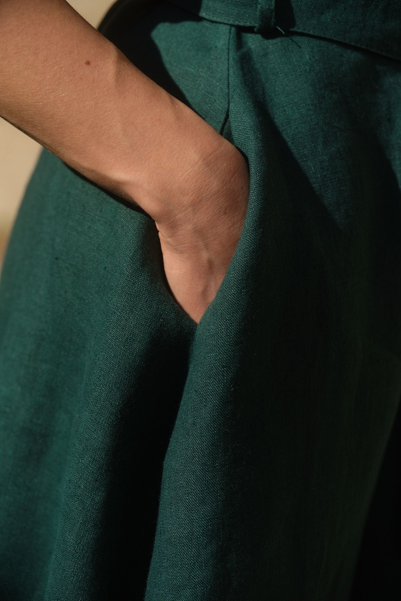Agatha Long Sleeve Linen Dress Forest Green