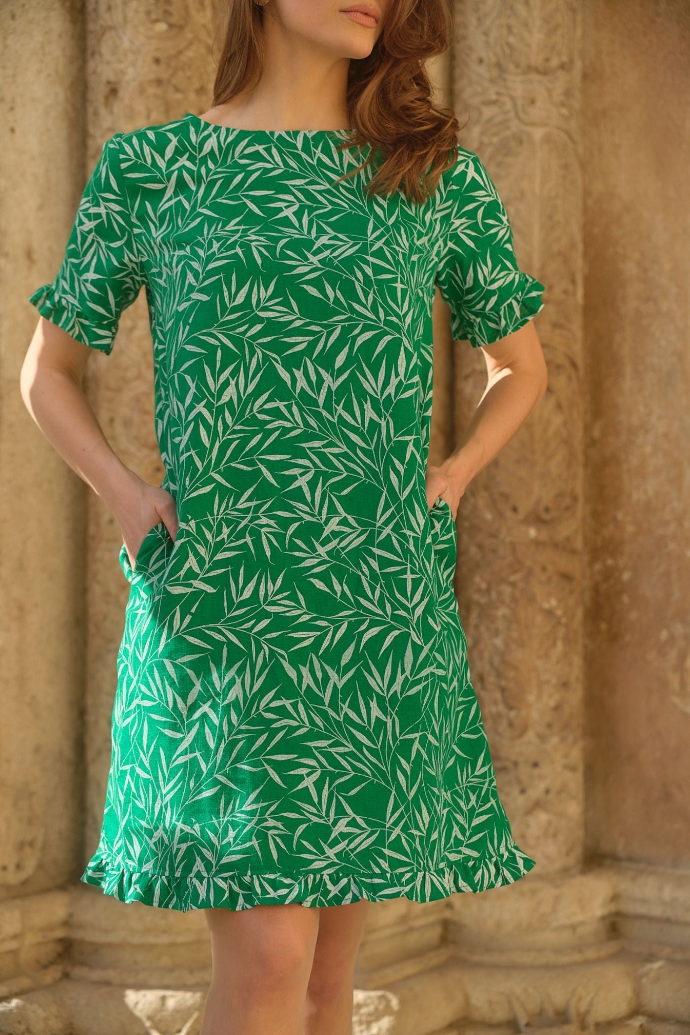 Rochie din In cu Volănașe Rosa Verde cu Frunze