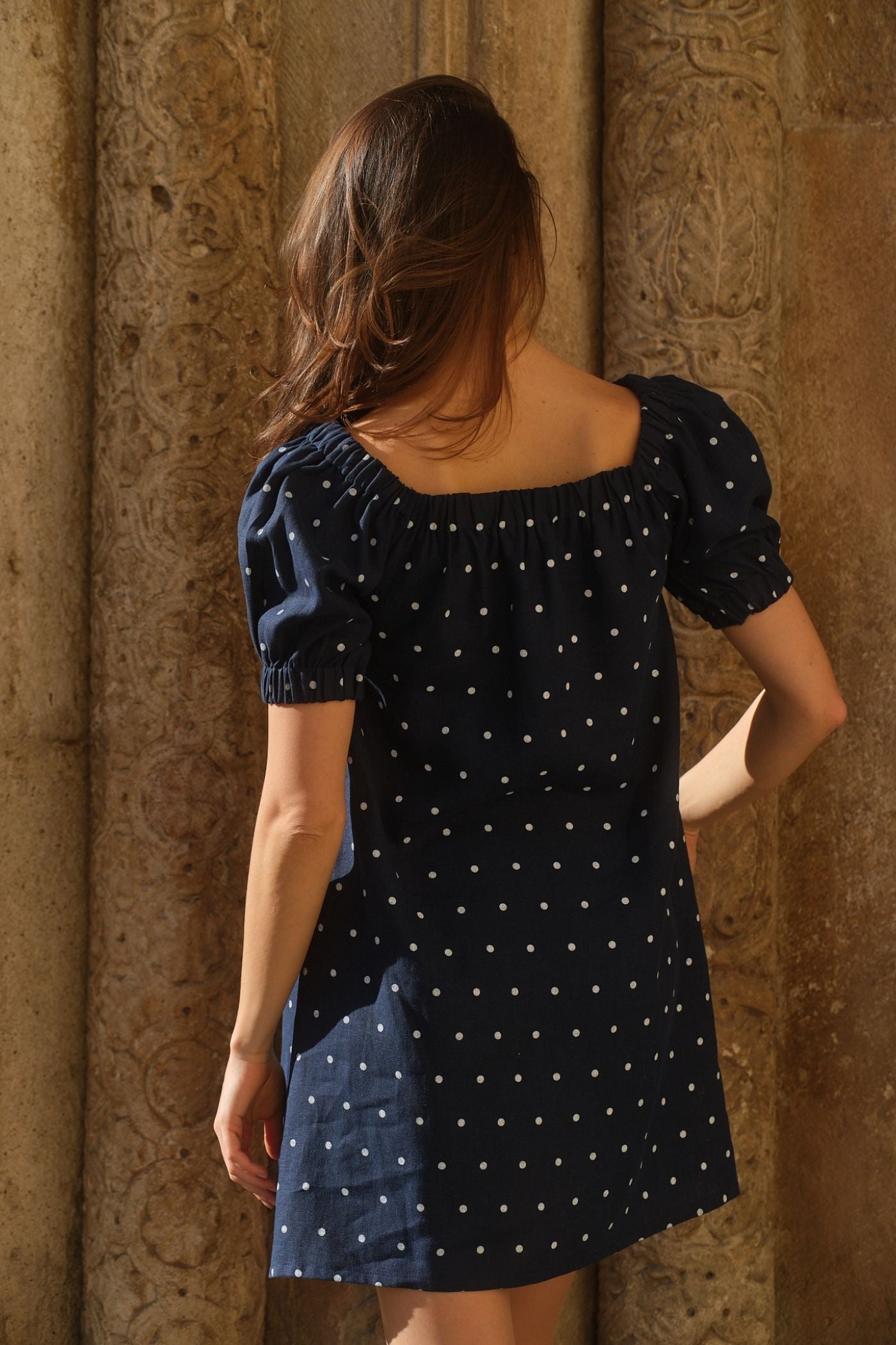 Rochie Scurtă Din In Cu Mâneci Bufante River Bleumarin cu Buline