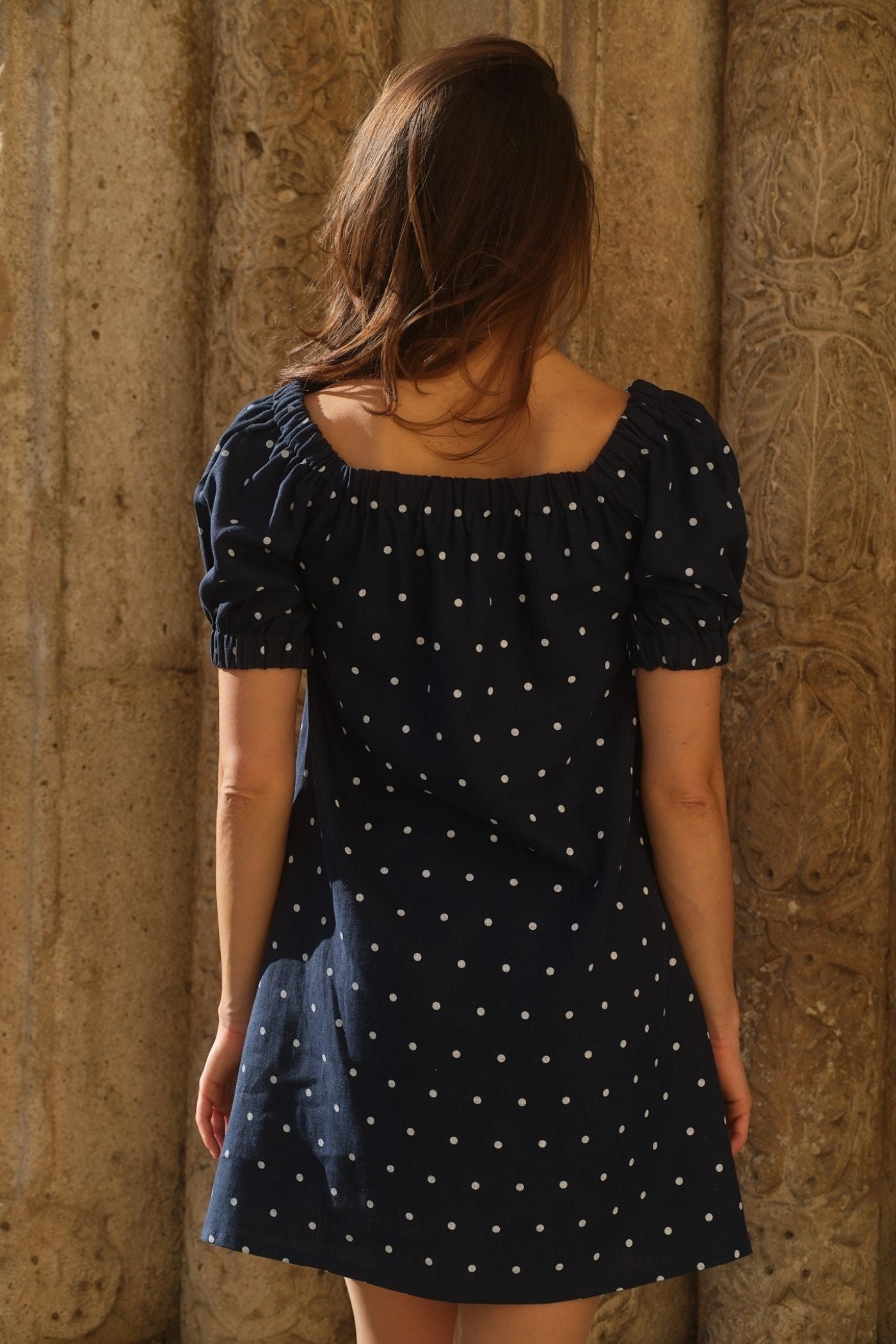 Rochie Scurtă Din In Cu Mâneci Bufante River Bleumarin cu Buline