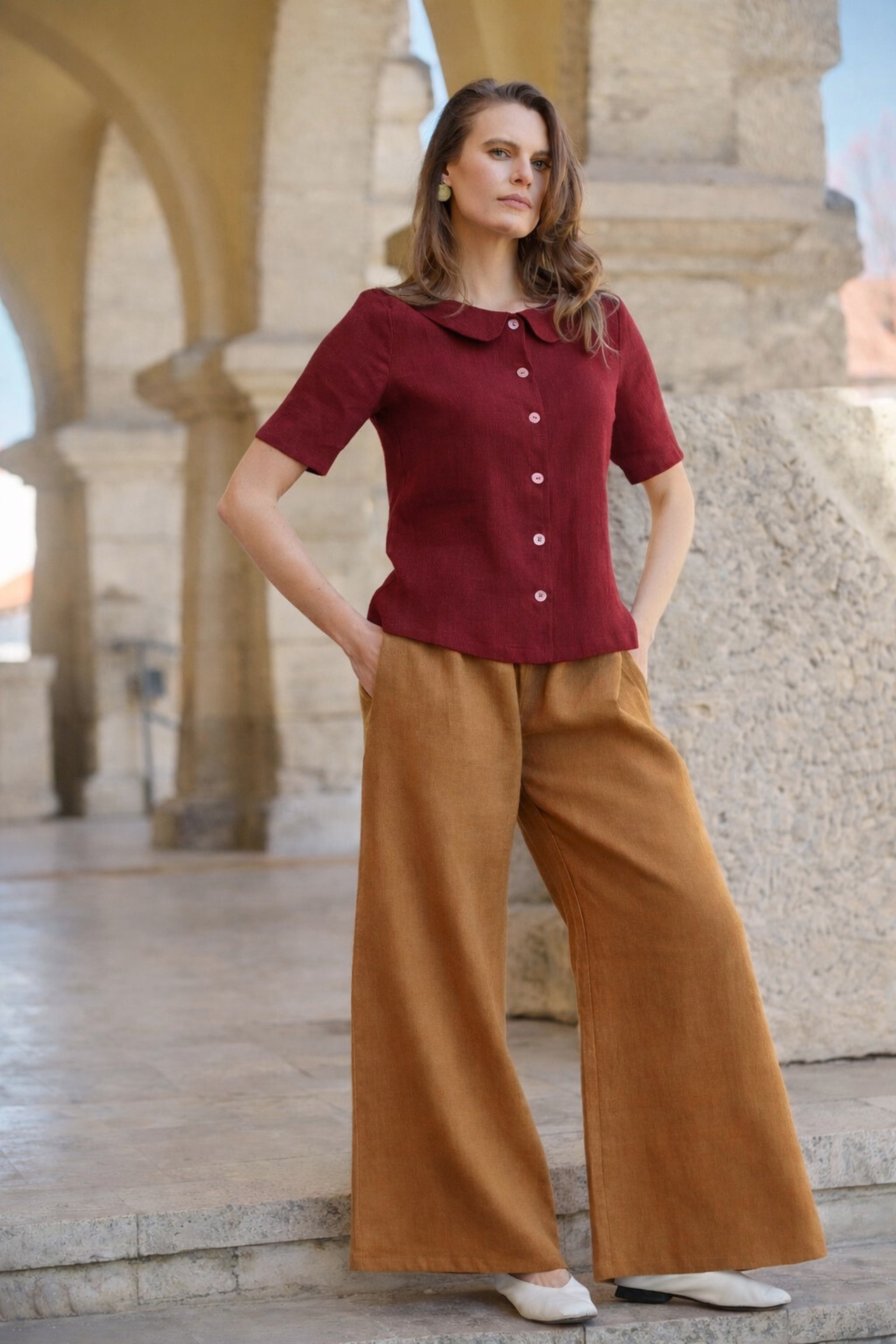 Bluză Din In Cu Guler și Mânecă Scurtă Felicity Bordo XS