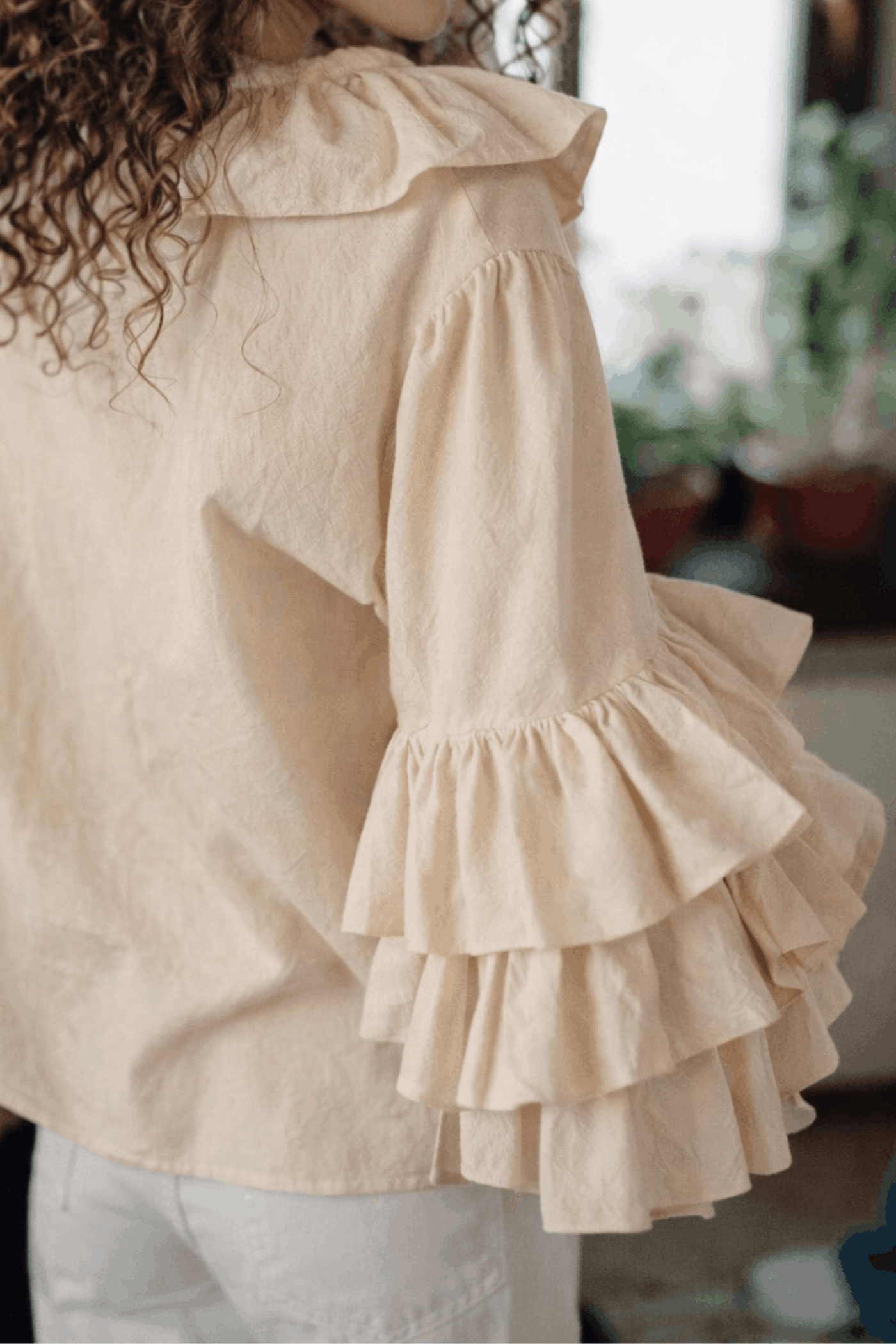 Bluză cu mâneci voluminoase din bumbac premium Cream Butterfly