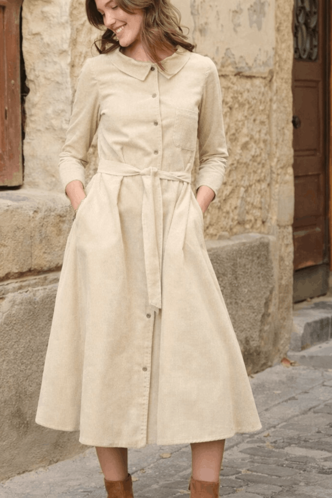 Rochie Din Catifea Reiata de Bumbac Organic Marla Crem