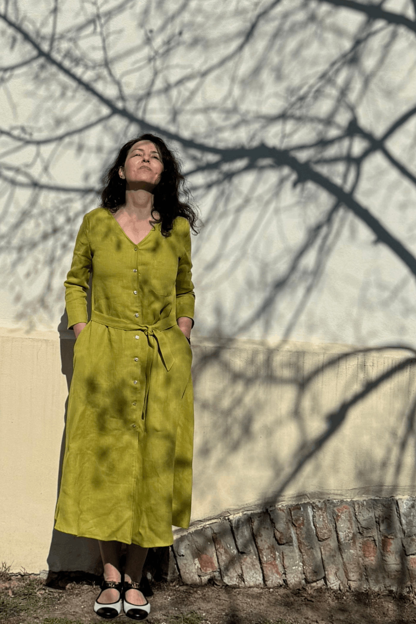 Buttoned down linen dress with belt Forest Green