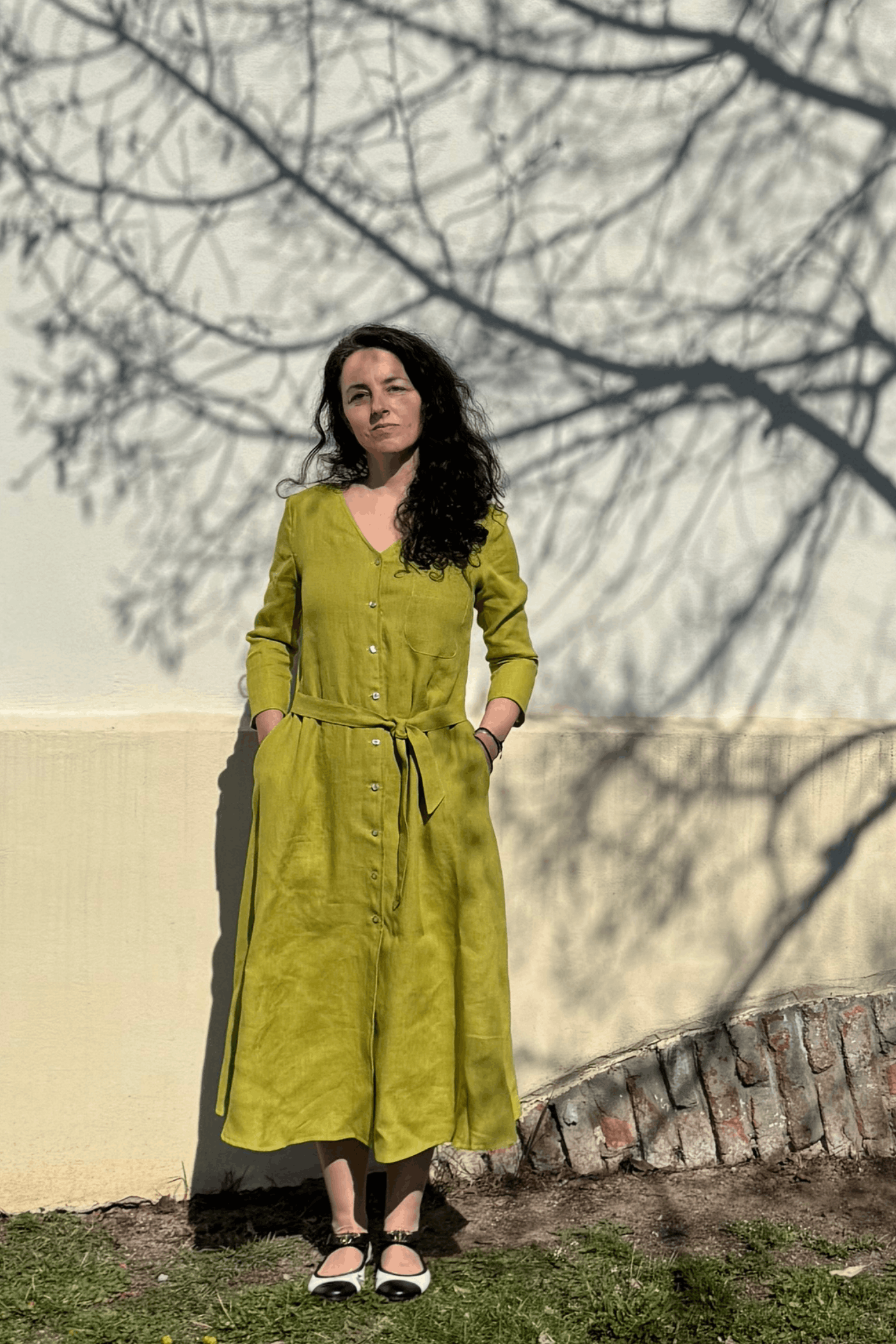 Buttoned down linen dress with belt Forest Green