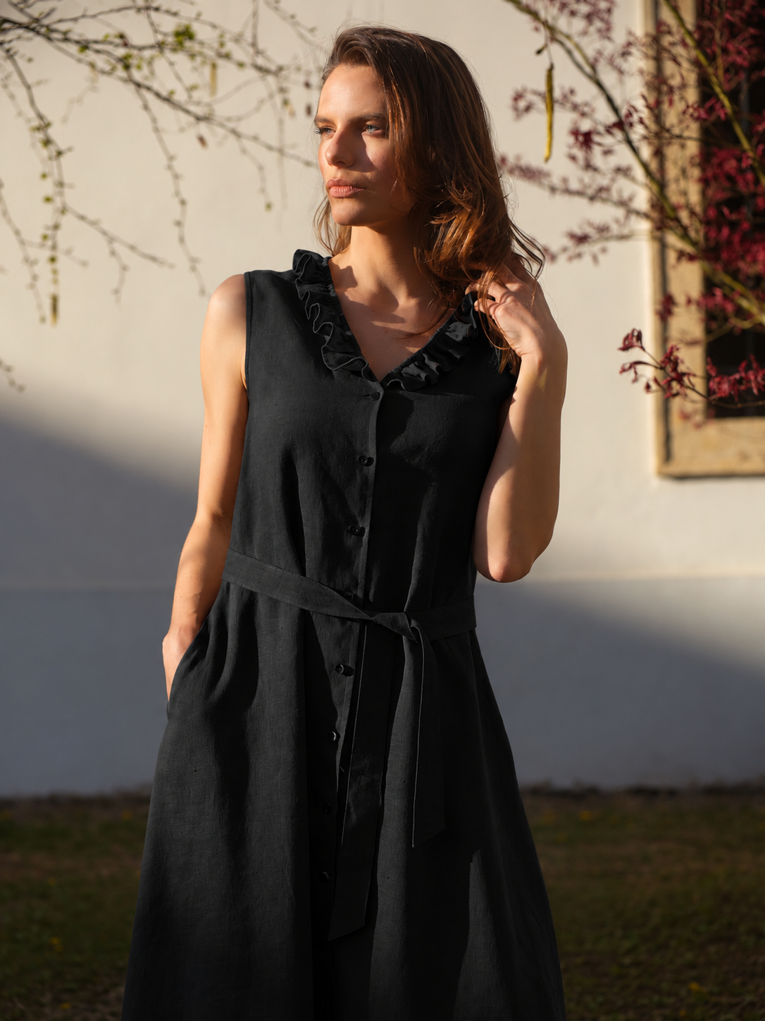 Rochie Lungă Din In Anemone Negru