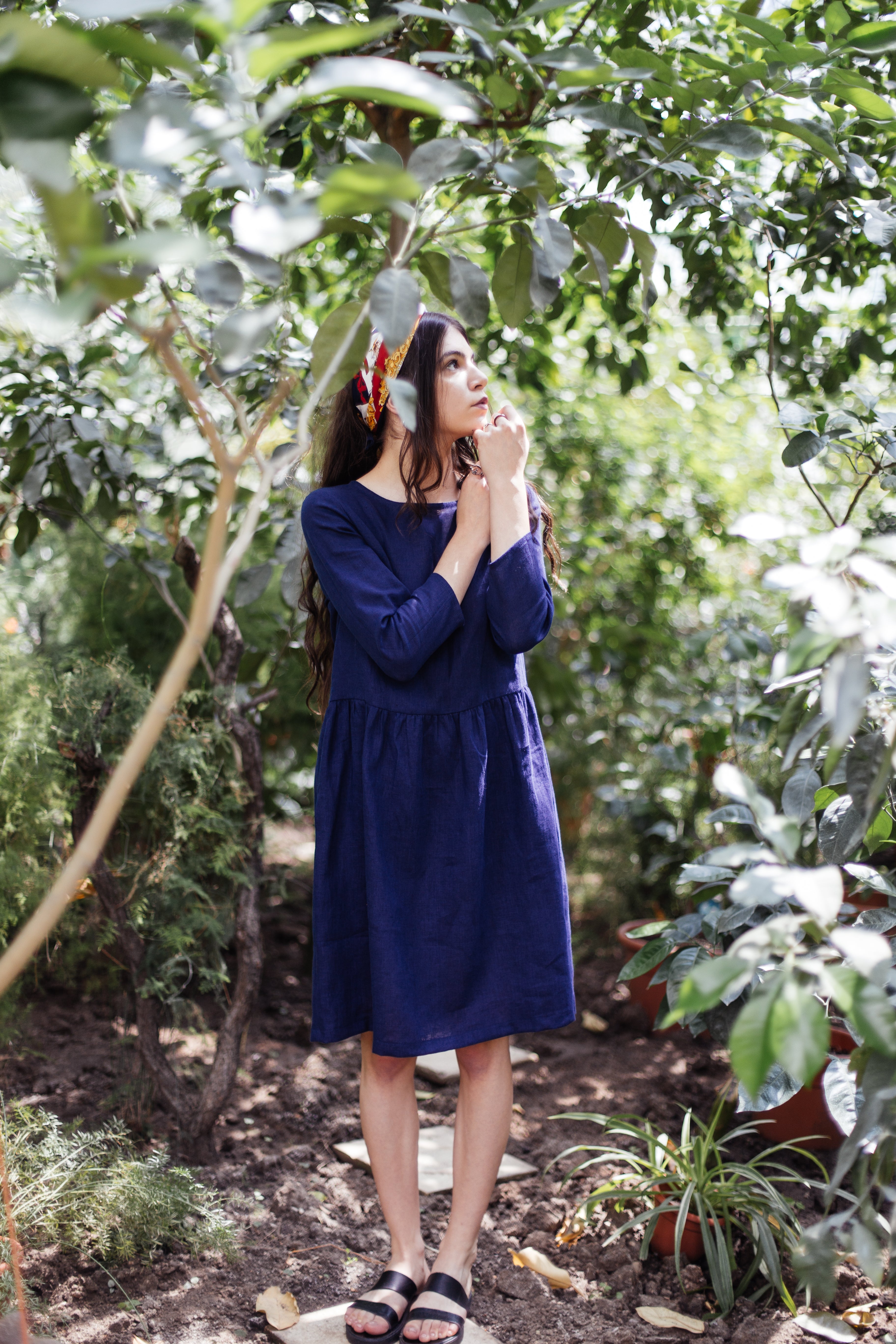 Gathered Linen Dress Anne Navy