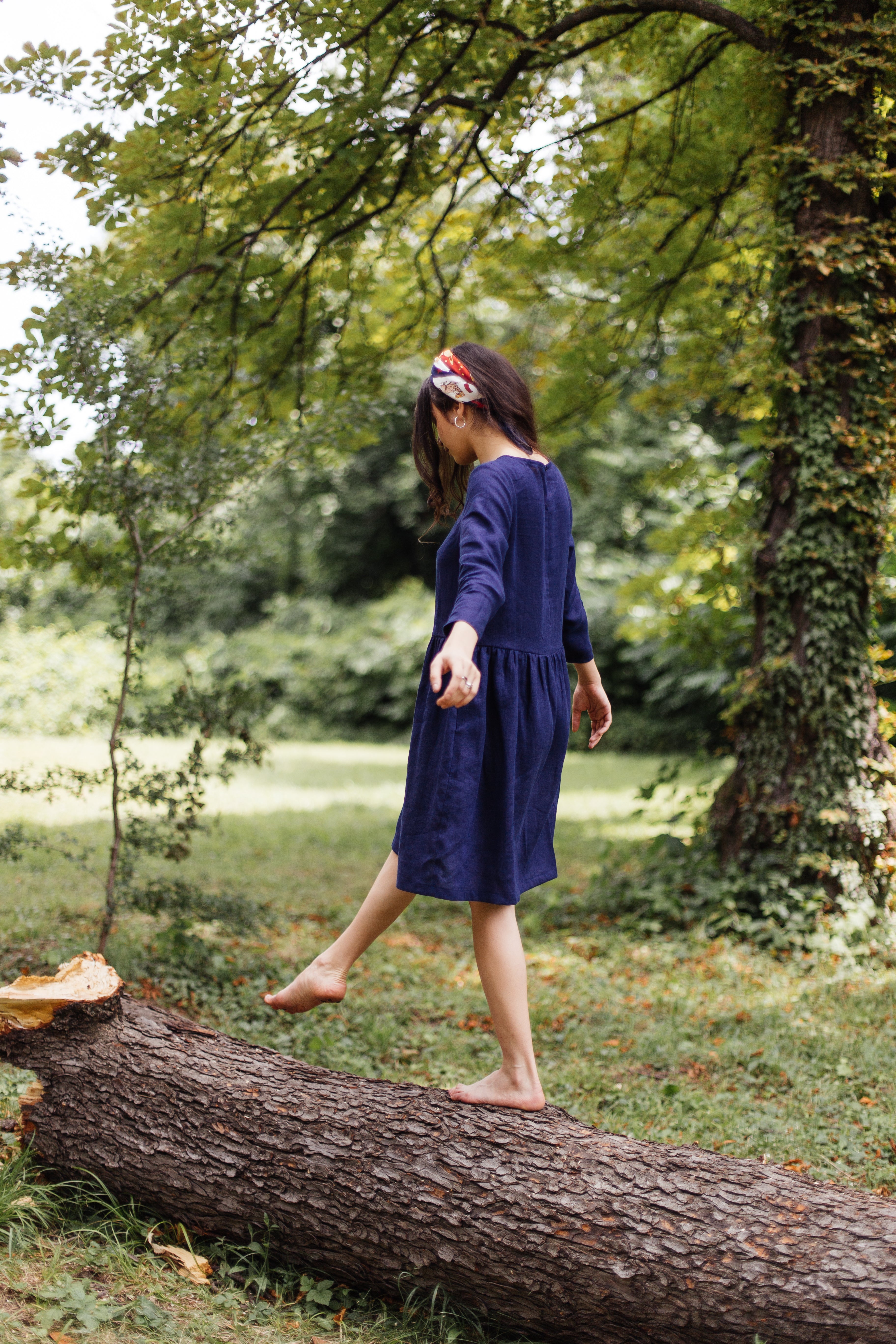 Gathered Linen Dress Anne Navy