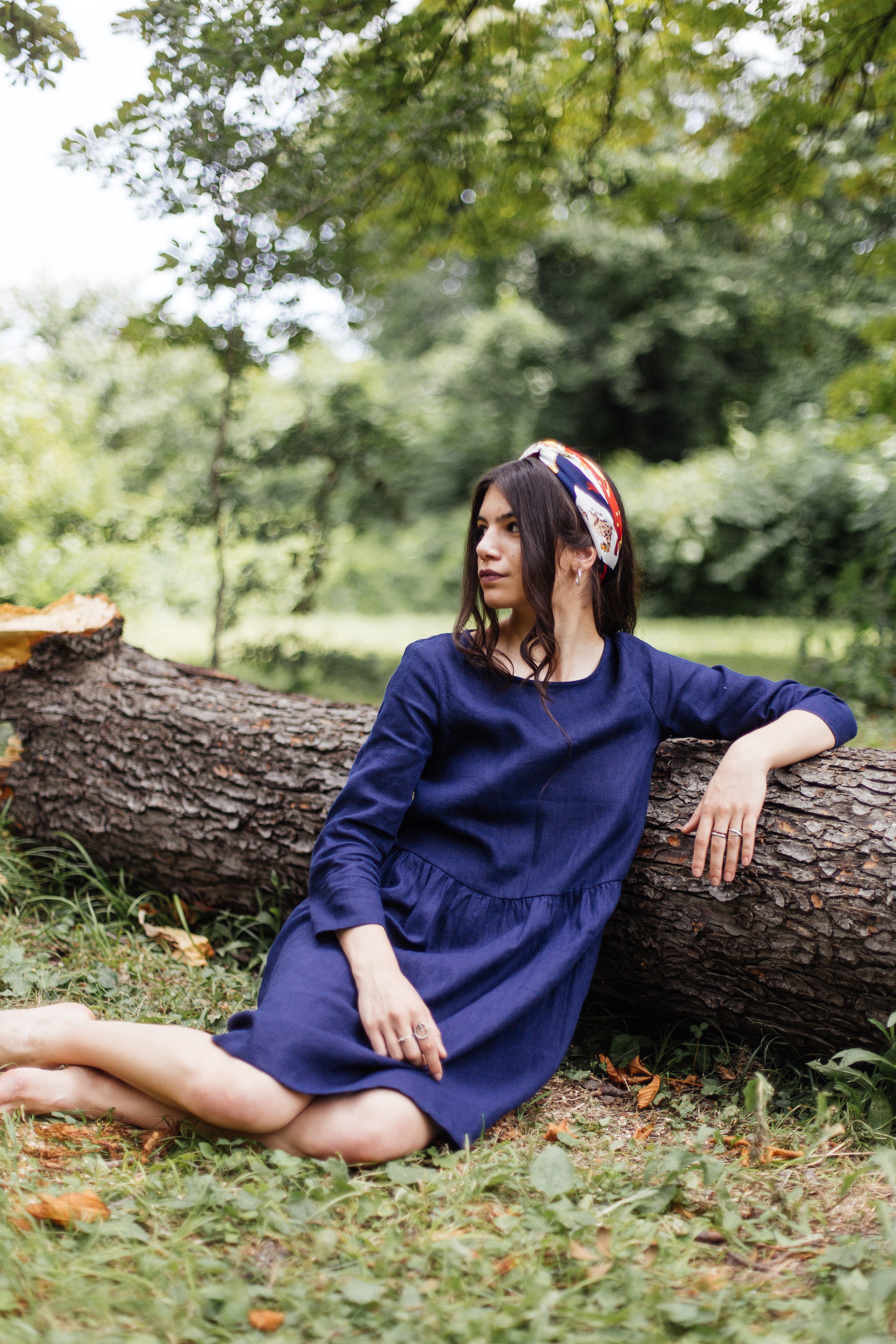 Gathered Linen Dress Anne Navy