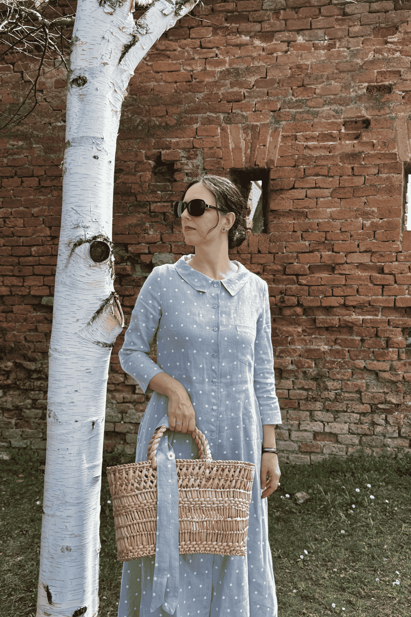 Rochie Din In Lungă Cu Guler Și Nasturi Marla Bleu cu Buline