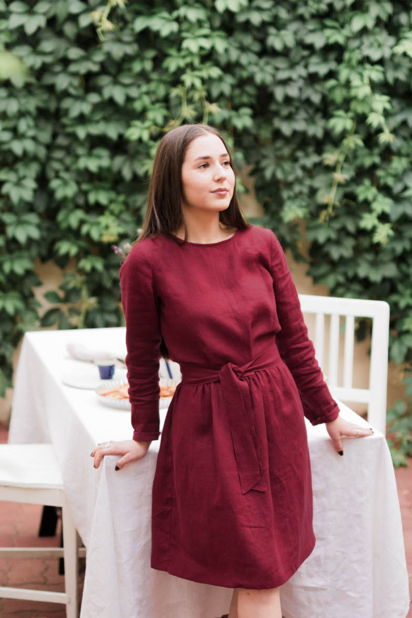 Gathered Linen Dress with Long Sleeves Ada Burgundy