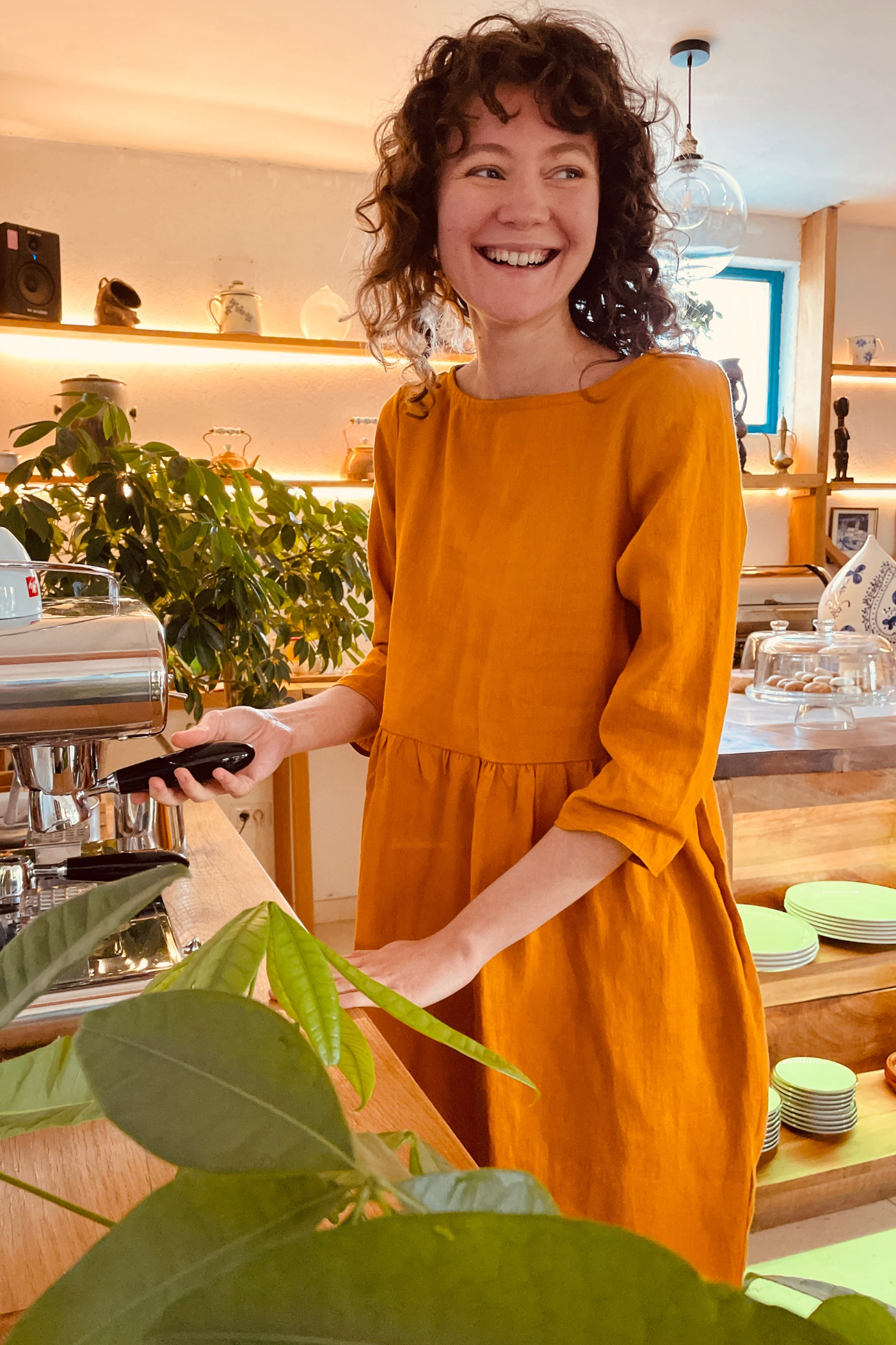 Anne Honey Yellow Linen Dress with Three-Quarter Sleeves
