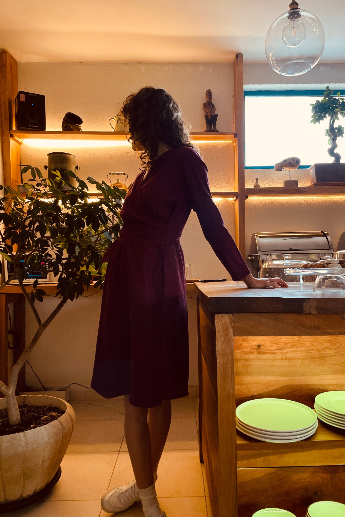 Nora Long Sleeve Wrap Linen Dress Plum