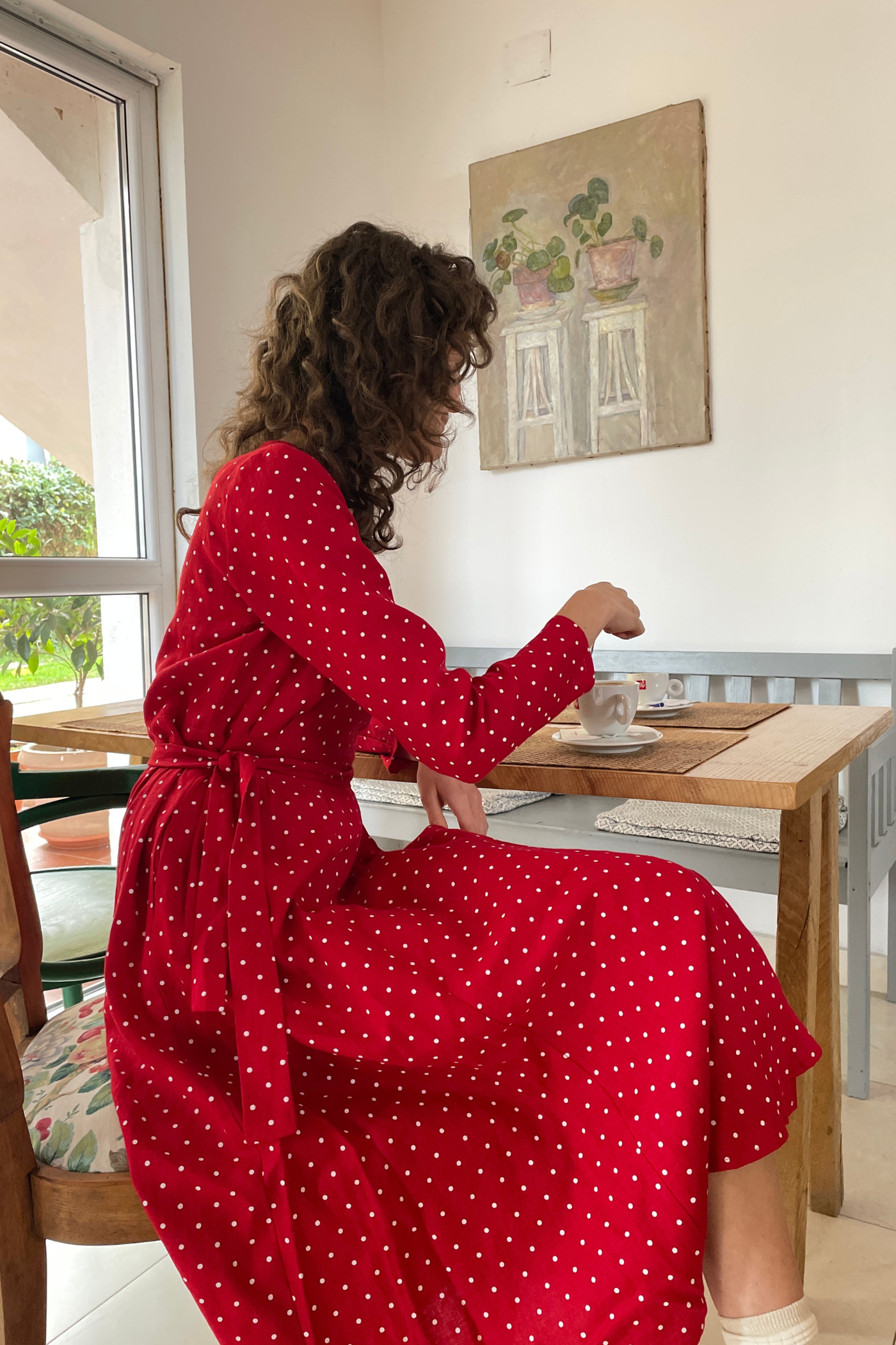 Lara Red Polka Dot Linen Wrap Dress With Long Sleeves