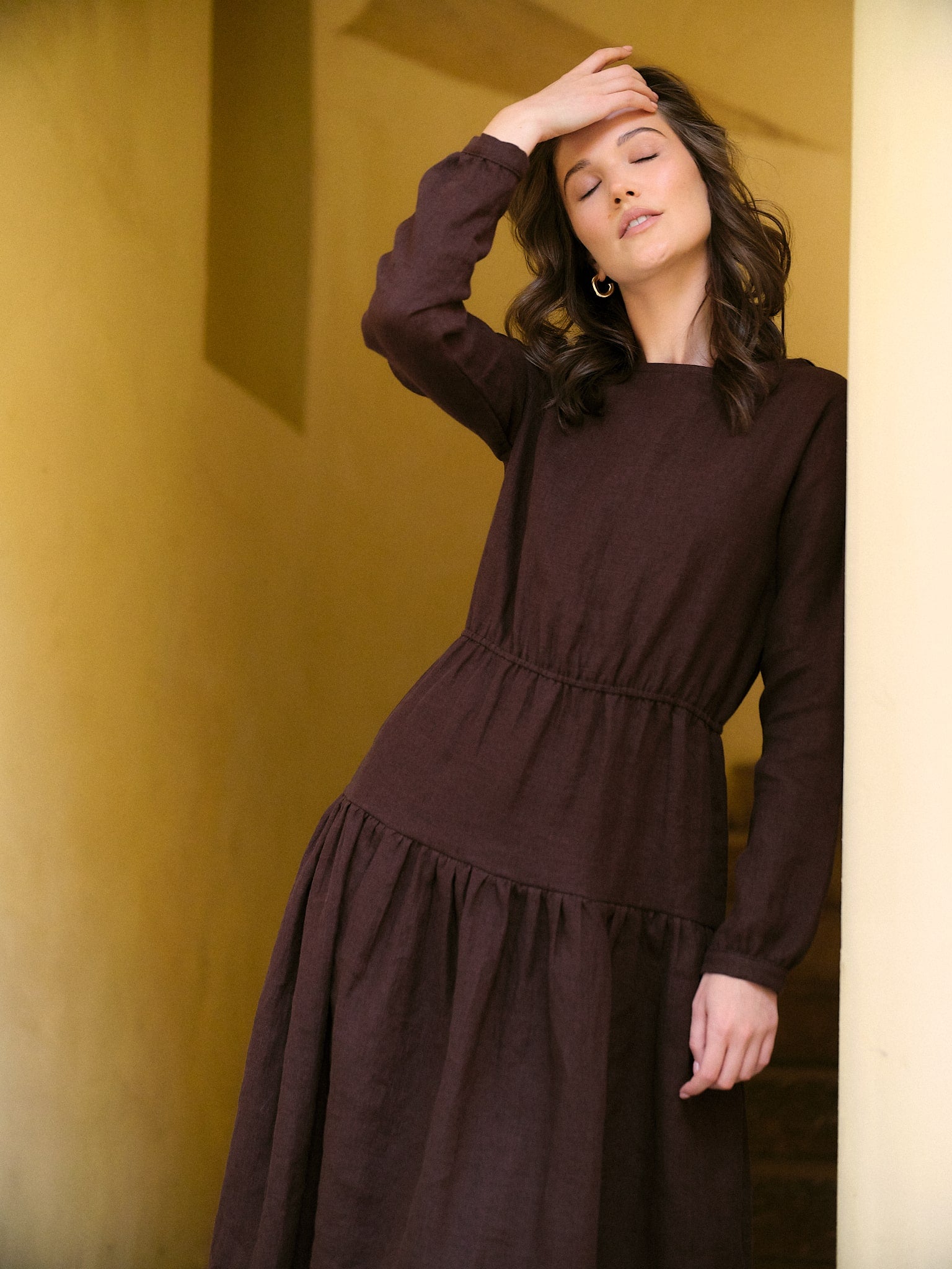 Rochie Lungă Din In Noemi Brun Ciocolată