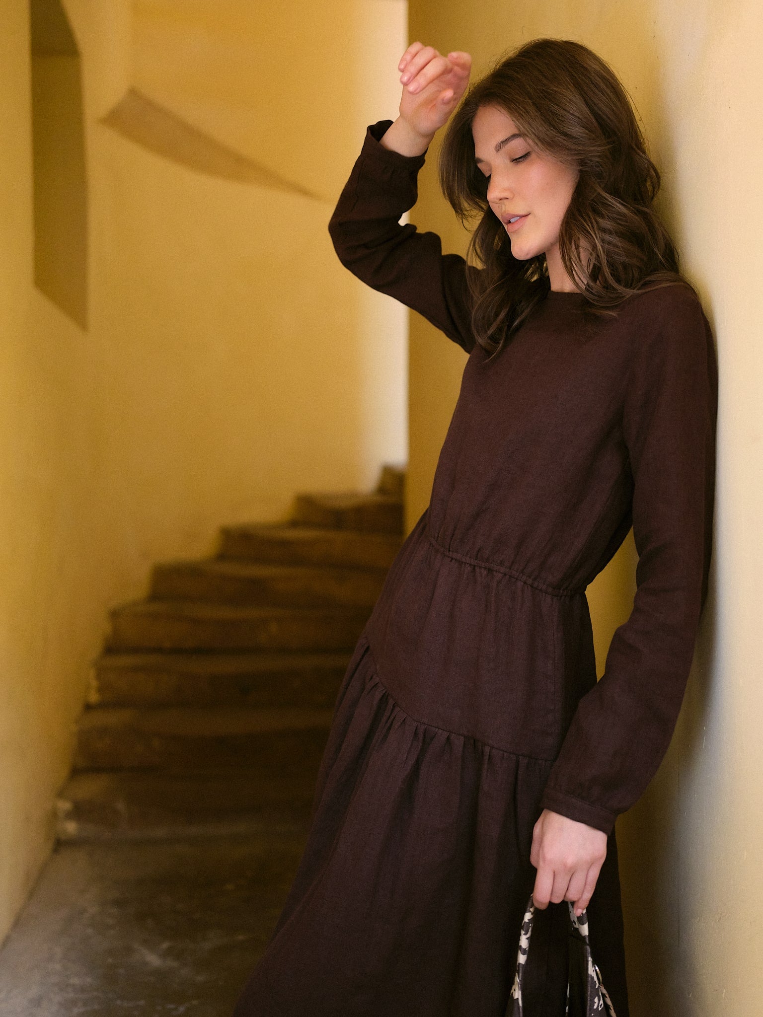 Rochie Lungă Din In Noemi Brun Ciocolată