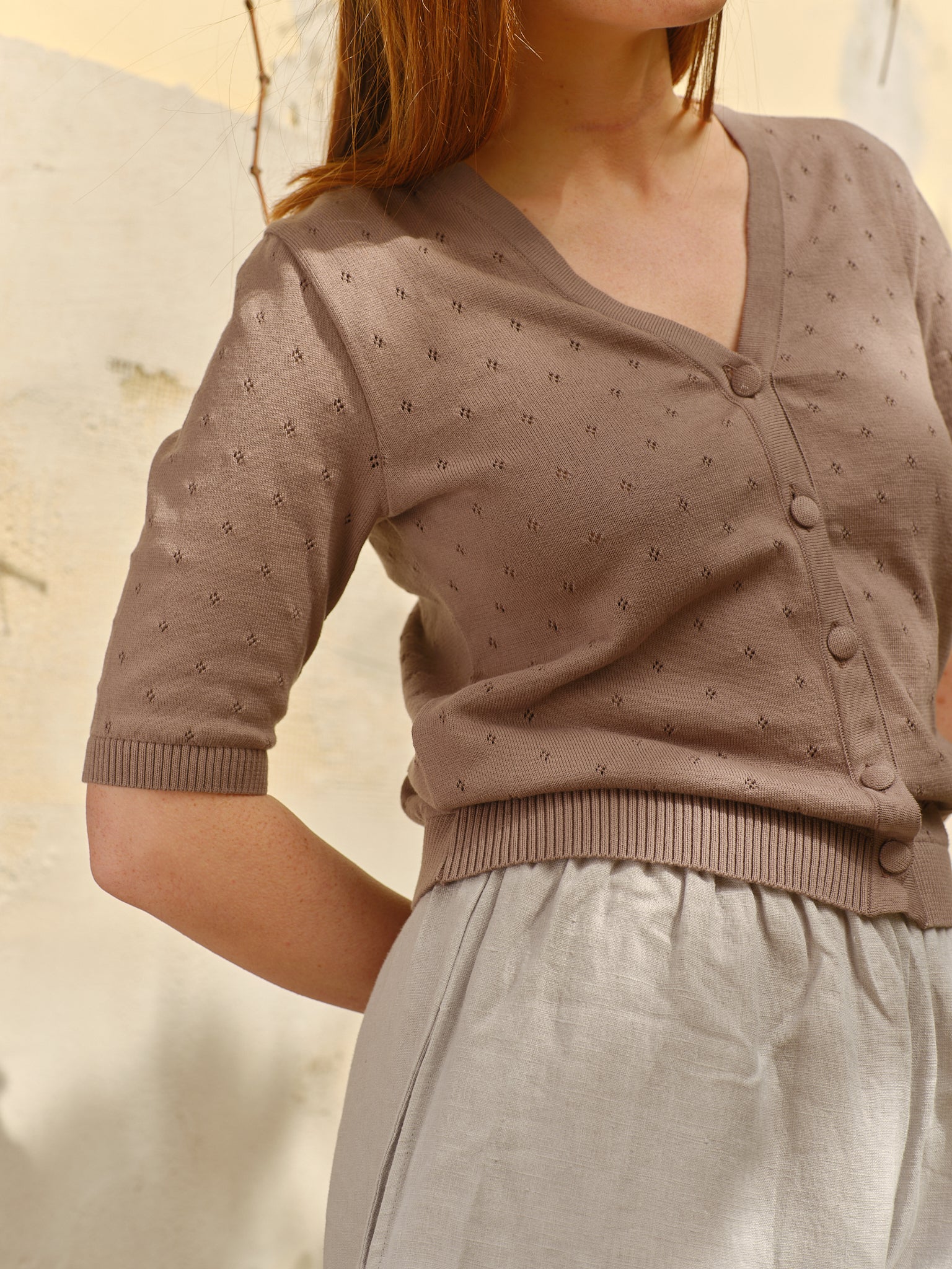 Bluză Ajurată Tricotată Fin din Bumbac Organic Summer Grej