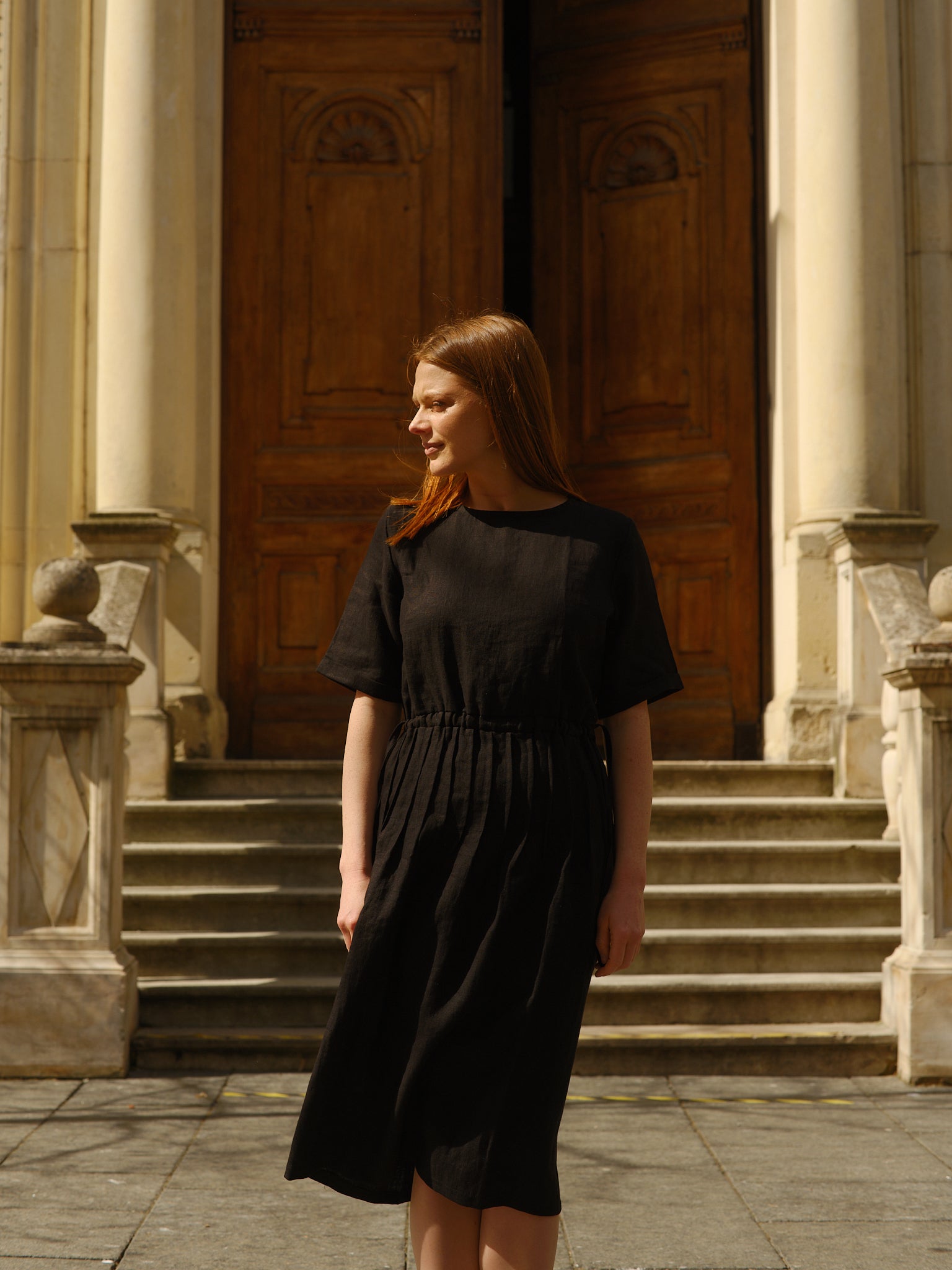 black linen dress with short sleeves Black Linen Dress - Button-Up Dress - Short Sleeve Midi Dress