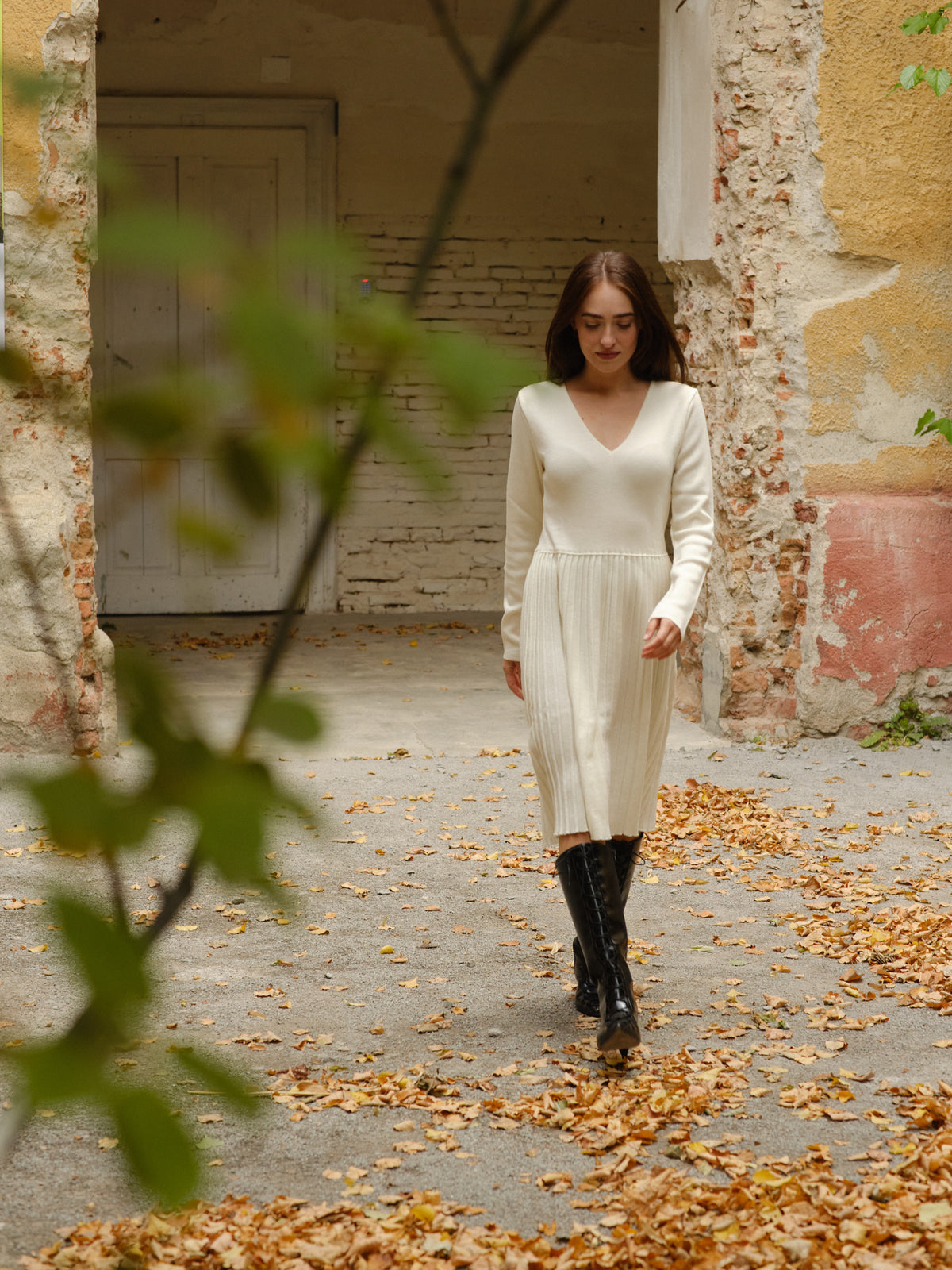 Rochie Plisată Tricotată Din Lână Merinos Ivoire