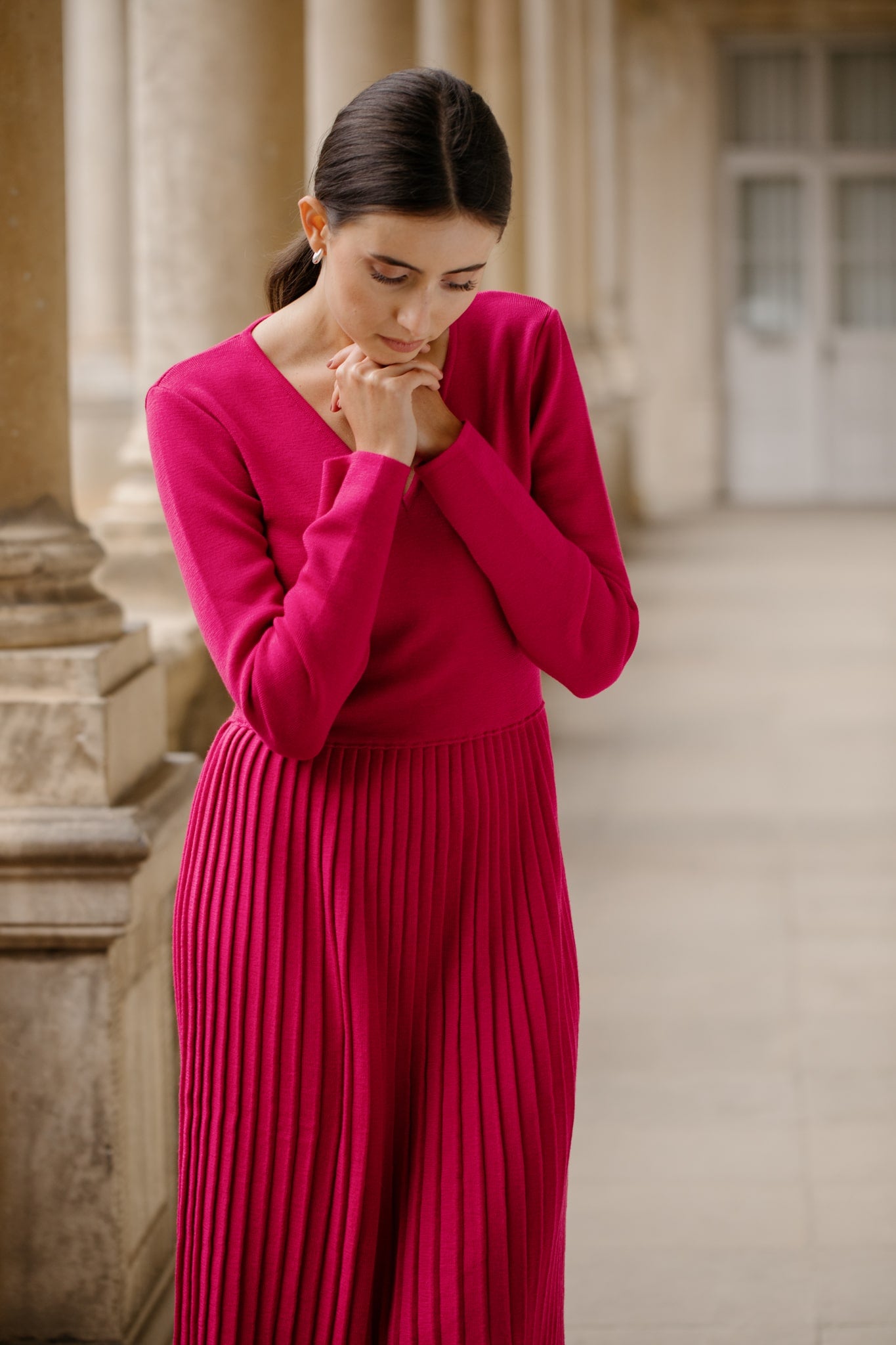 Rochie Plisată Tricotată Din Lână Merinos Fucsia