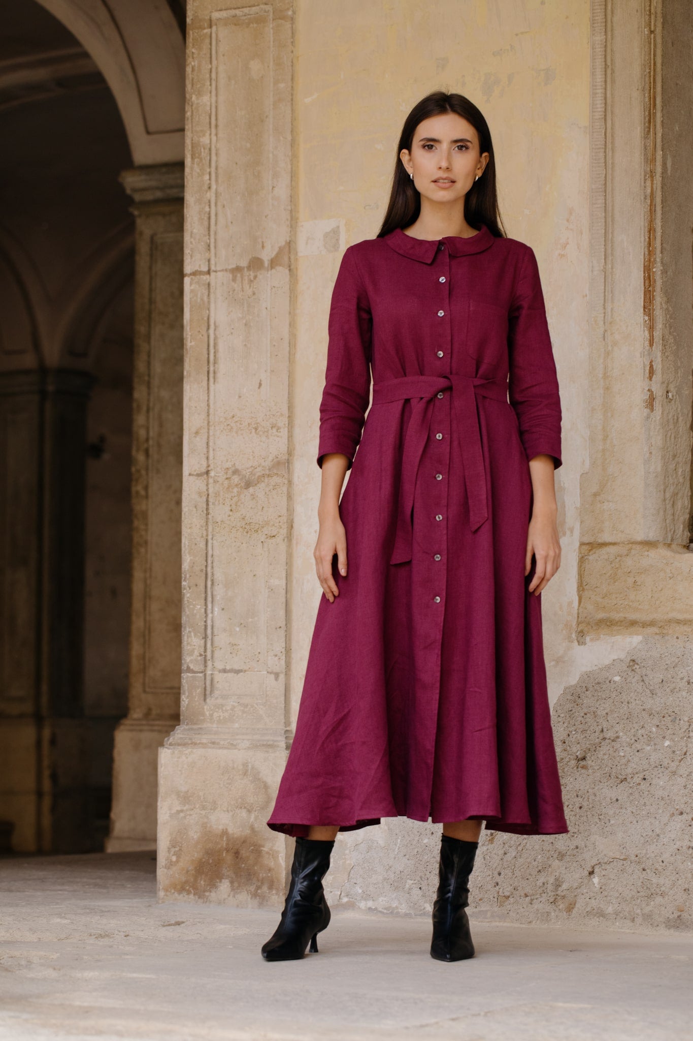 Rochie Din In Lungă Cu Guler Și Nasturi Marla Prună