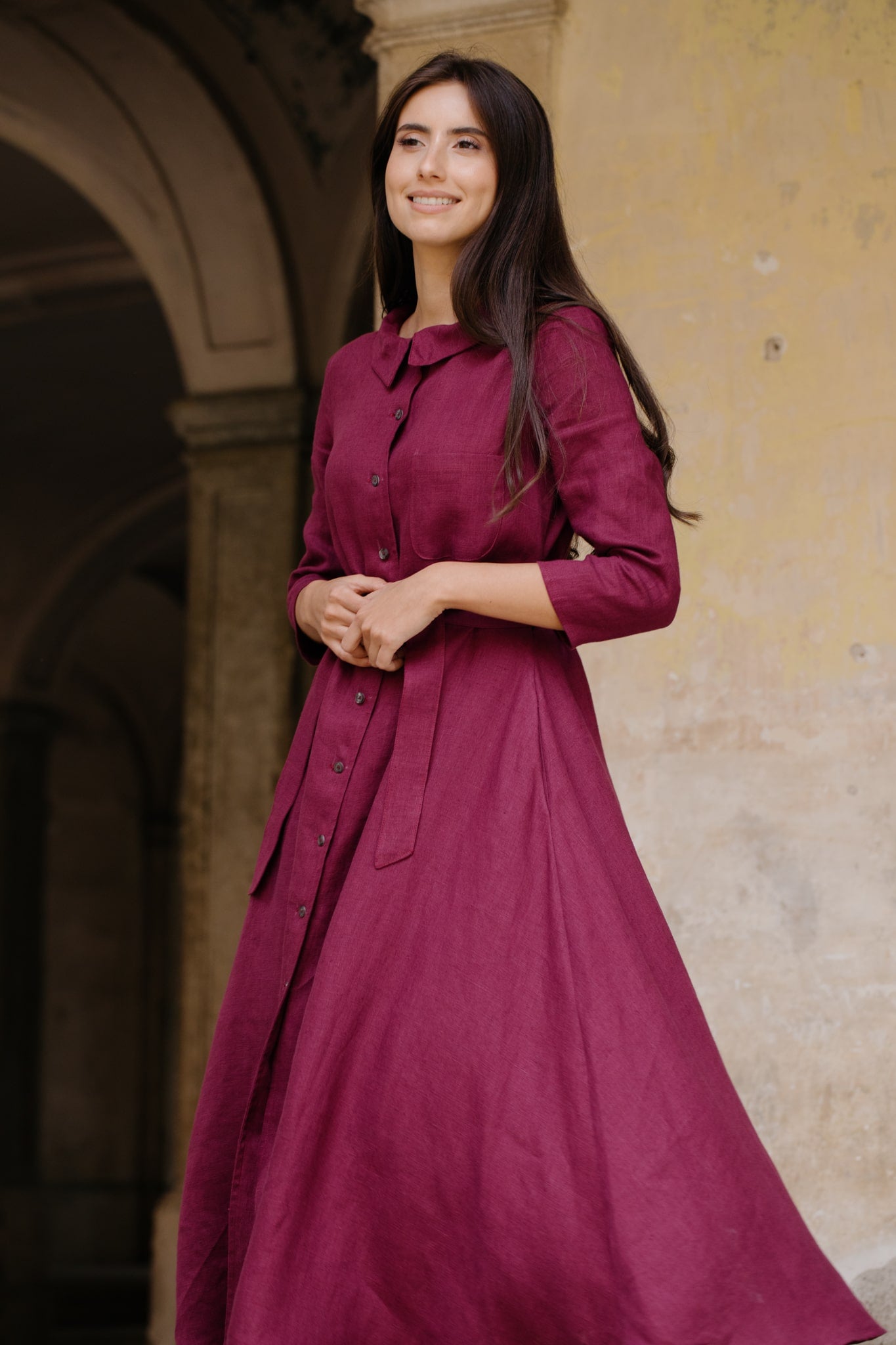 Rochie Din In Lungă Cu Guler Și Nasturi Marla Prună