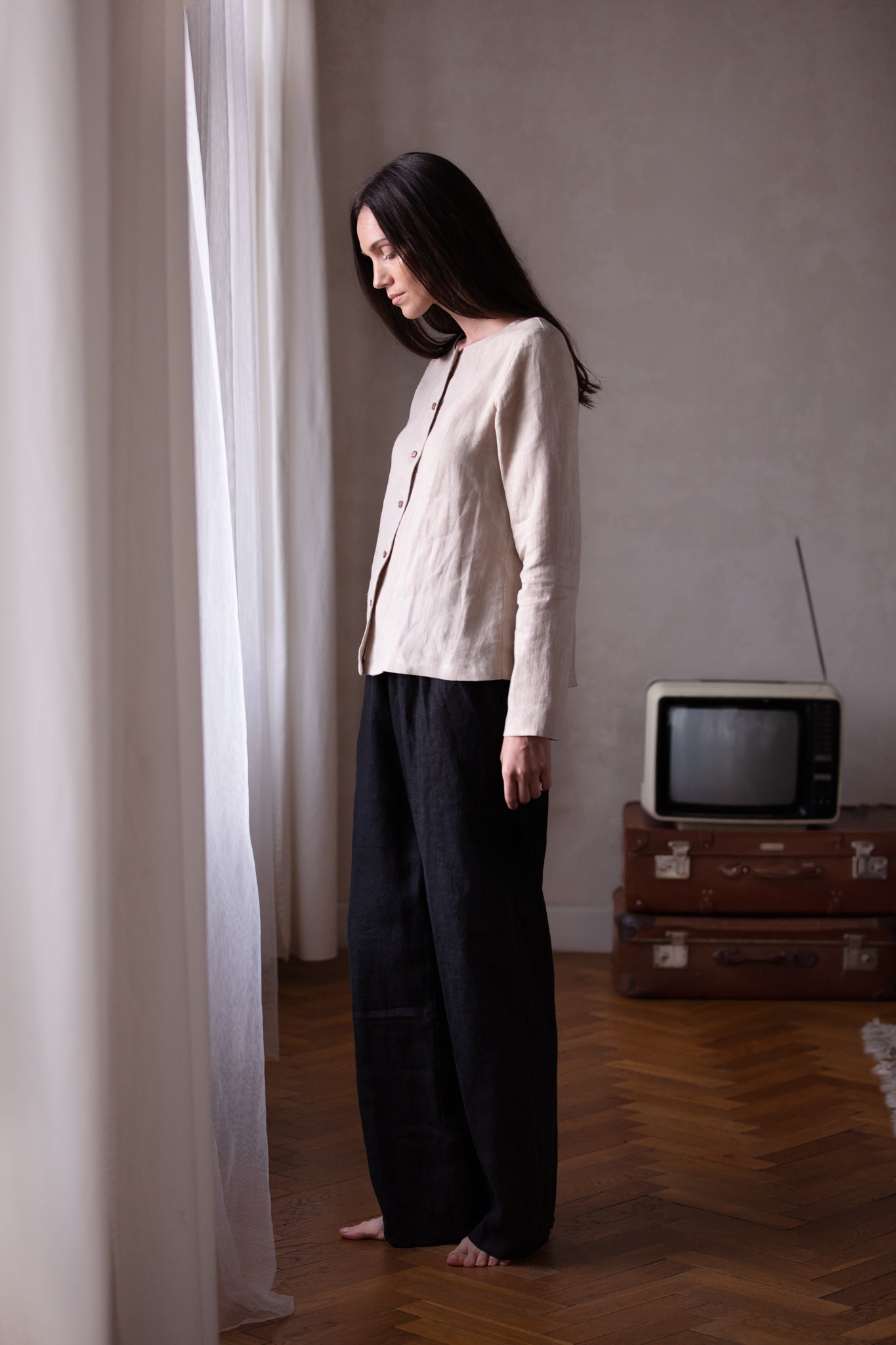 MEGHAN Long Sleeve Linen Blouse with Buttons