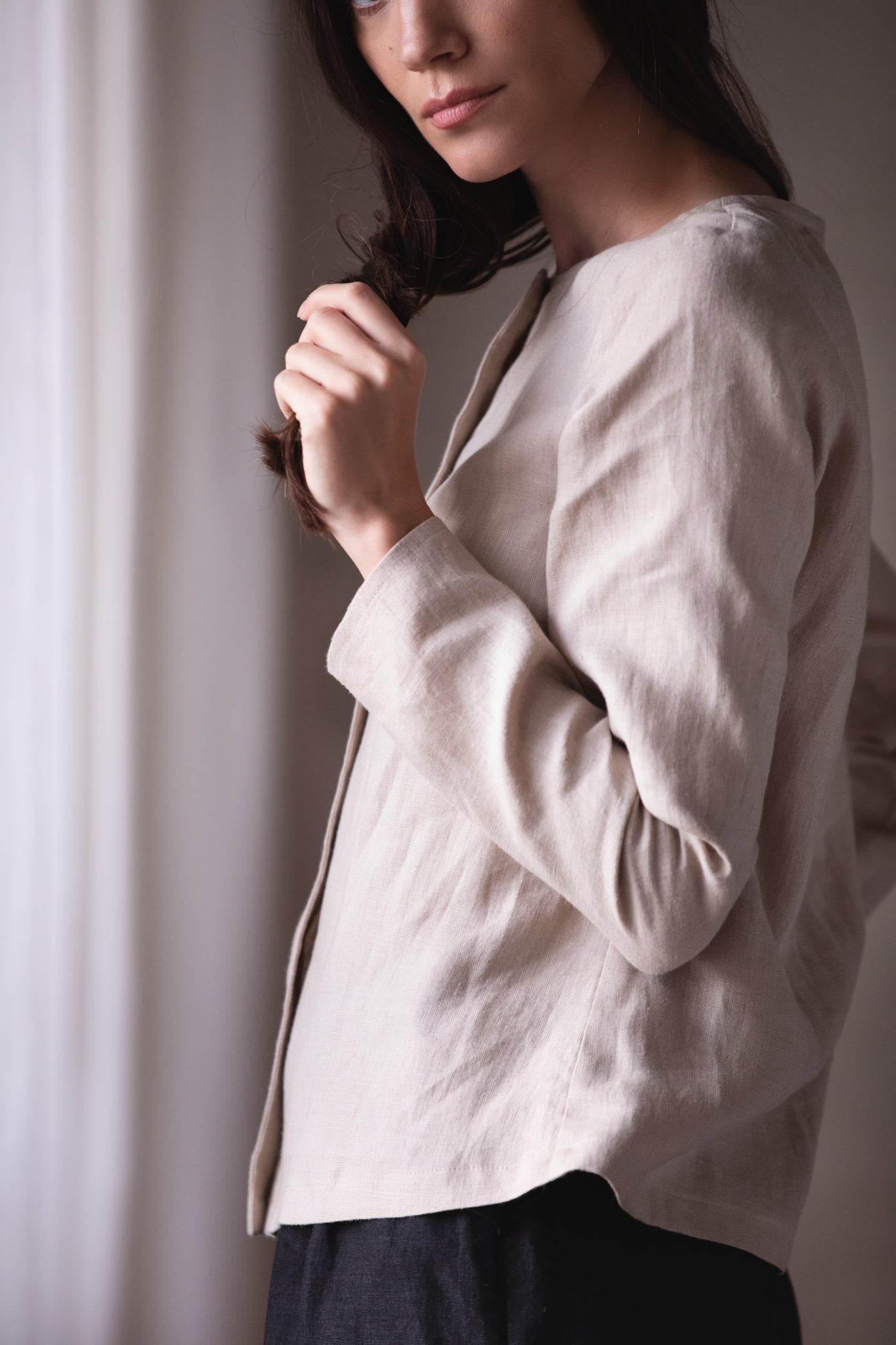 MEGHAN Long Sleeve Linen Blouse with Buttons