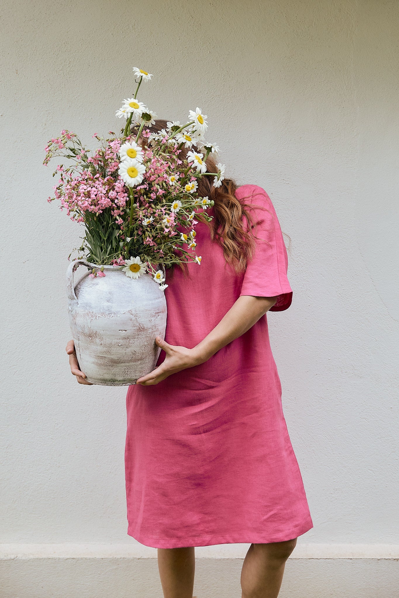 fuchsia pink linen dress Fuchsia Pink V-Neck Linen Midi Dress with Gathered Waist