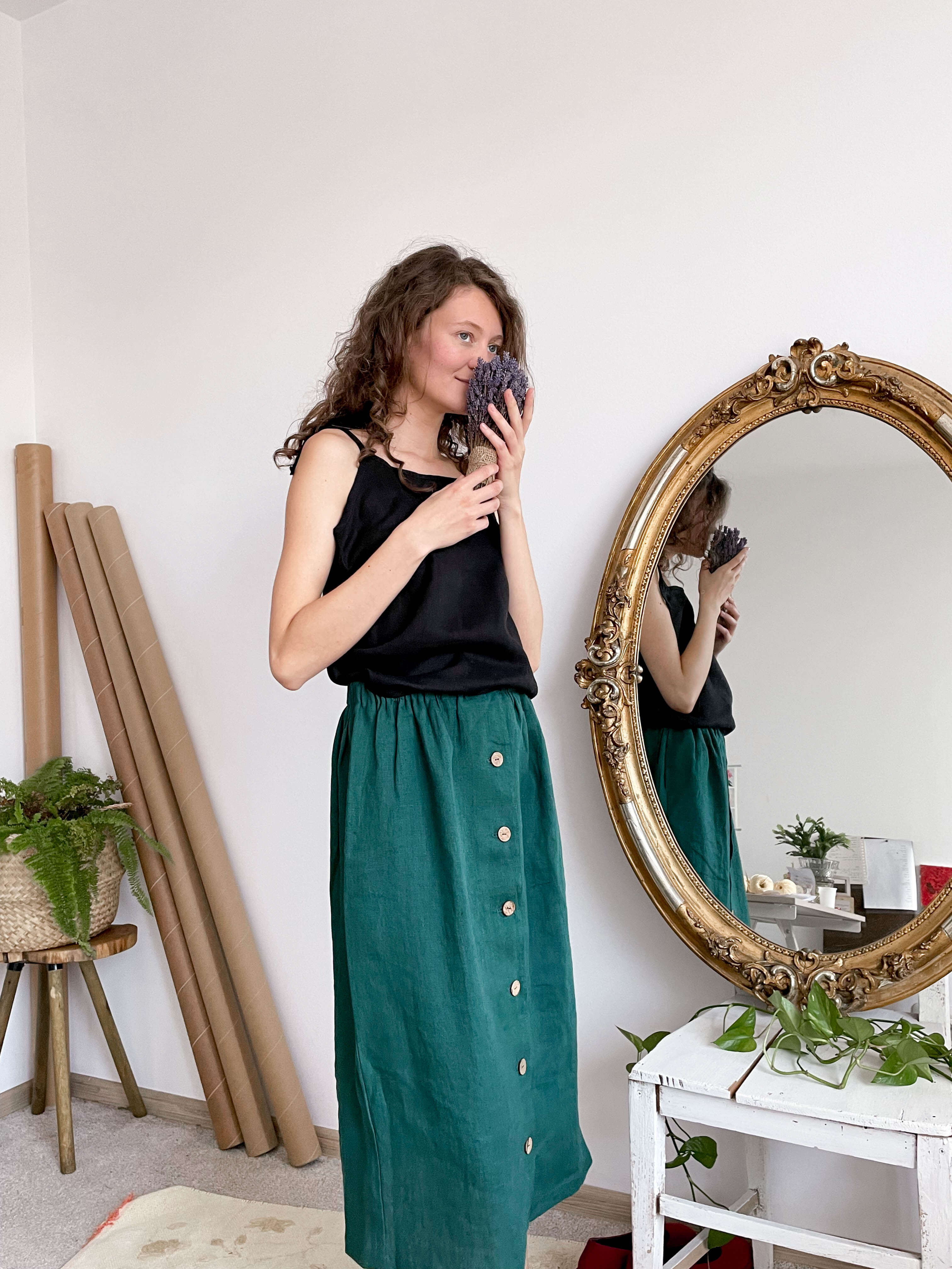 Fustă Din In Selma Verde Brad, Mărimea XL