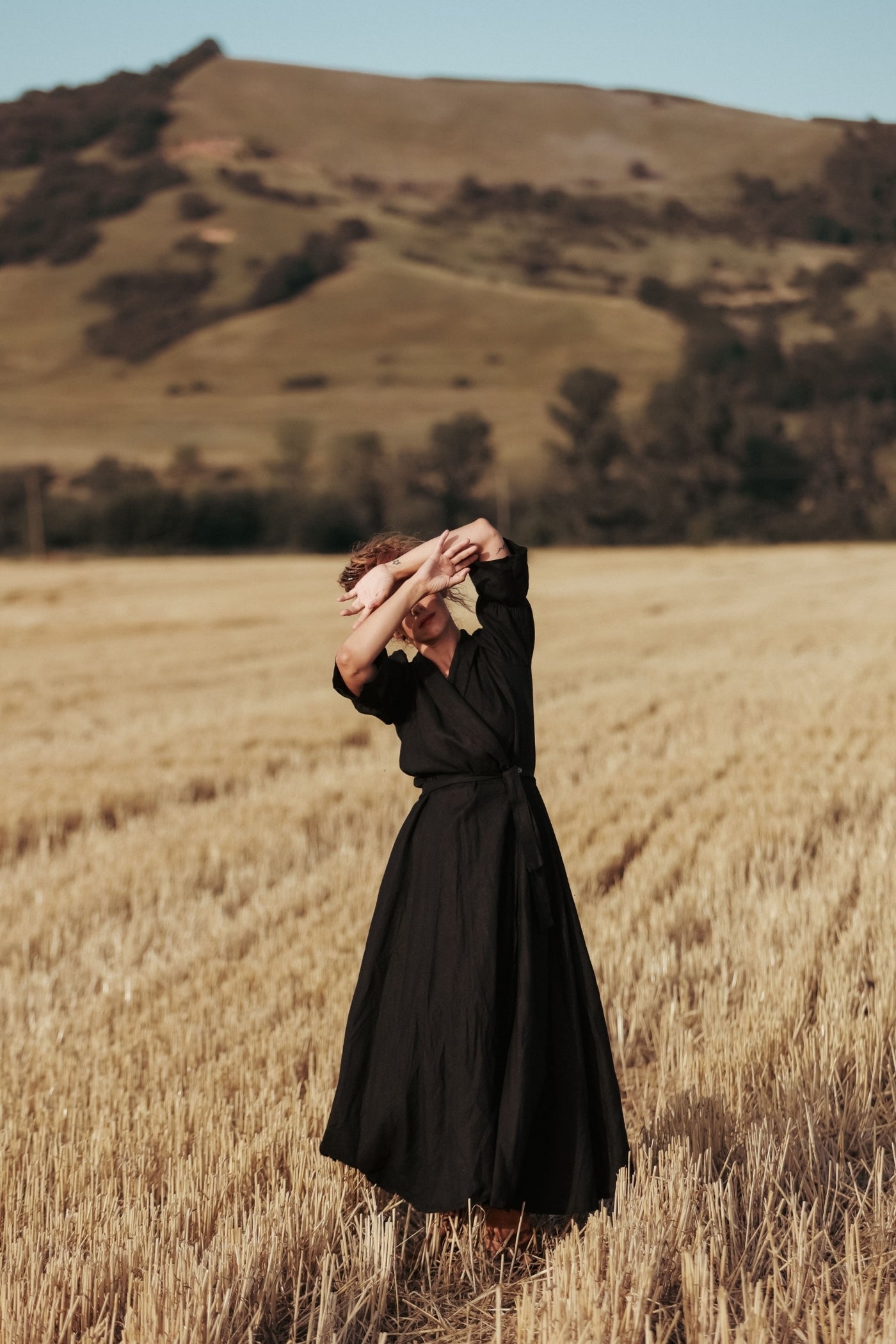 ZITA Shawl Collar Long Flared Linen Dress