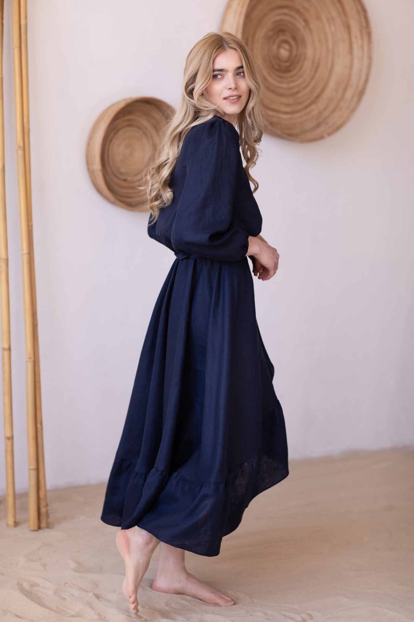 Story Ruffled Asymmetrical Linen Dress Navy