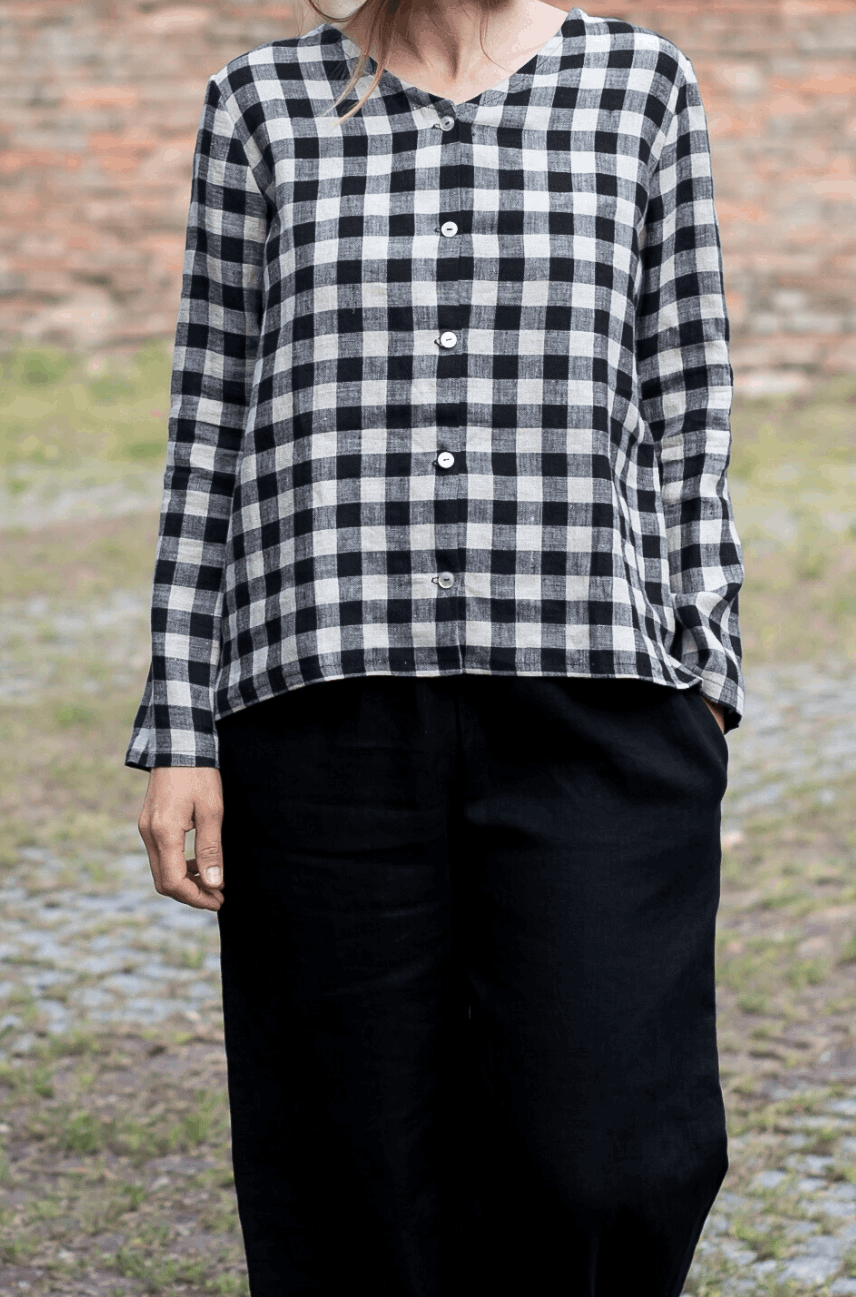 Bluză Din In Lejeră, Cu Nasturi Katelyn Carouri Alb Negru