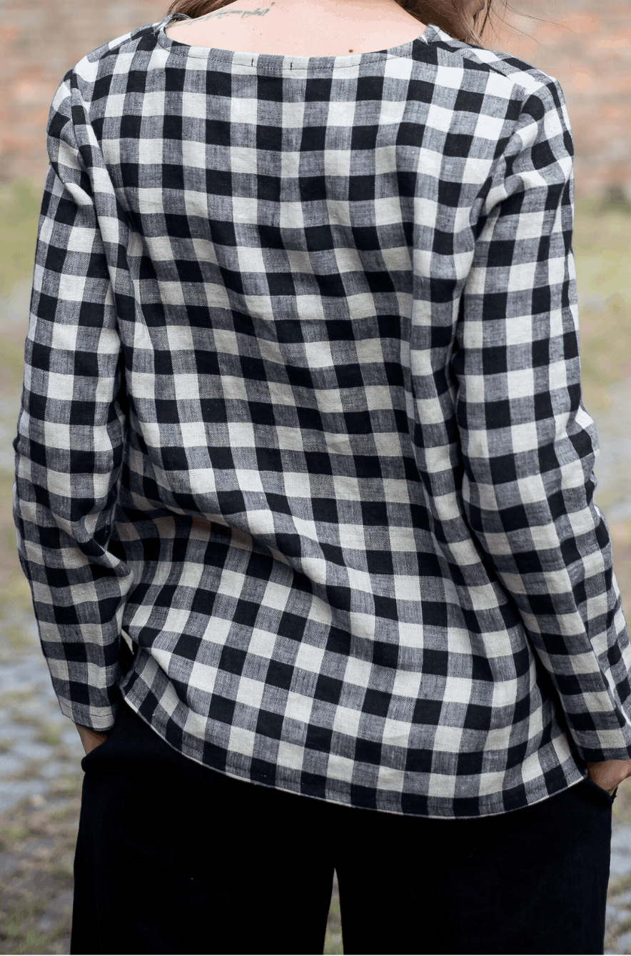 Katelyn Linen Blouse with Buttons Gingham Blue