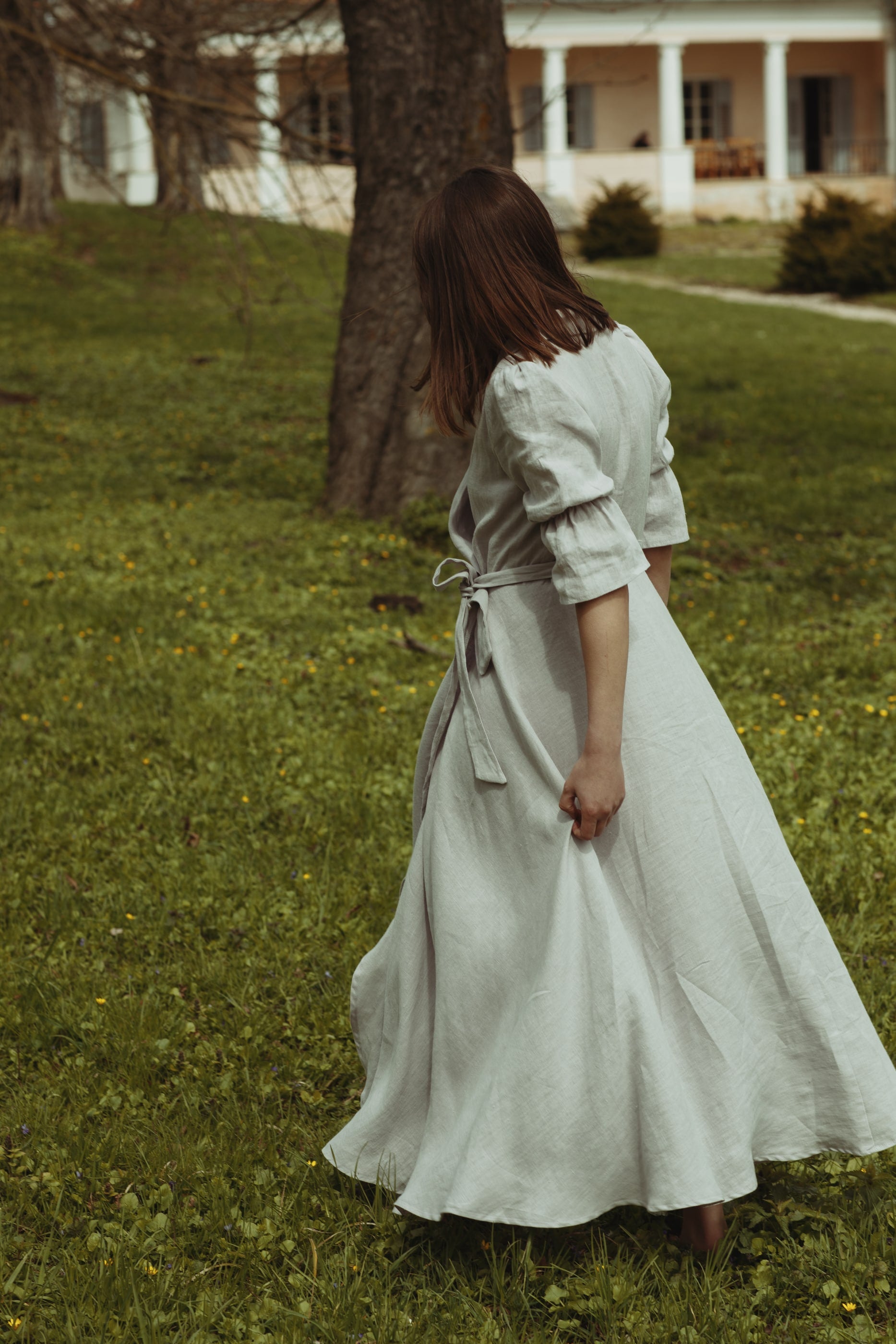 ZITA Shawl Collar Long Flared Linen Dress Light Grey