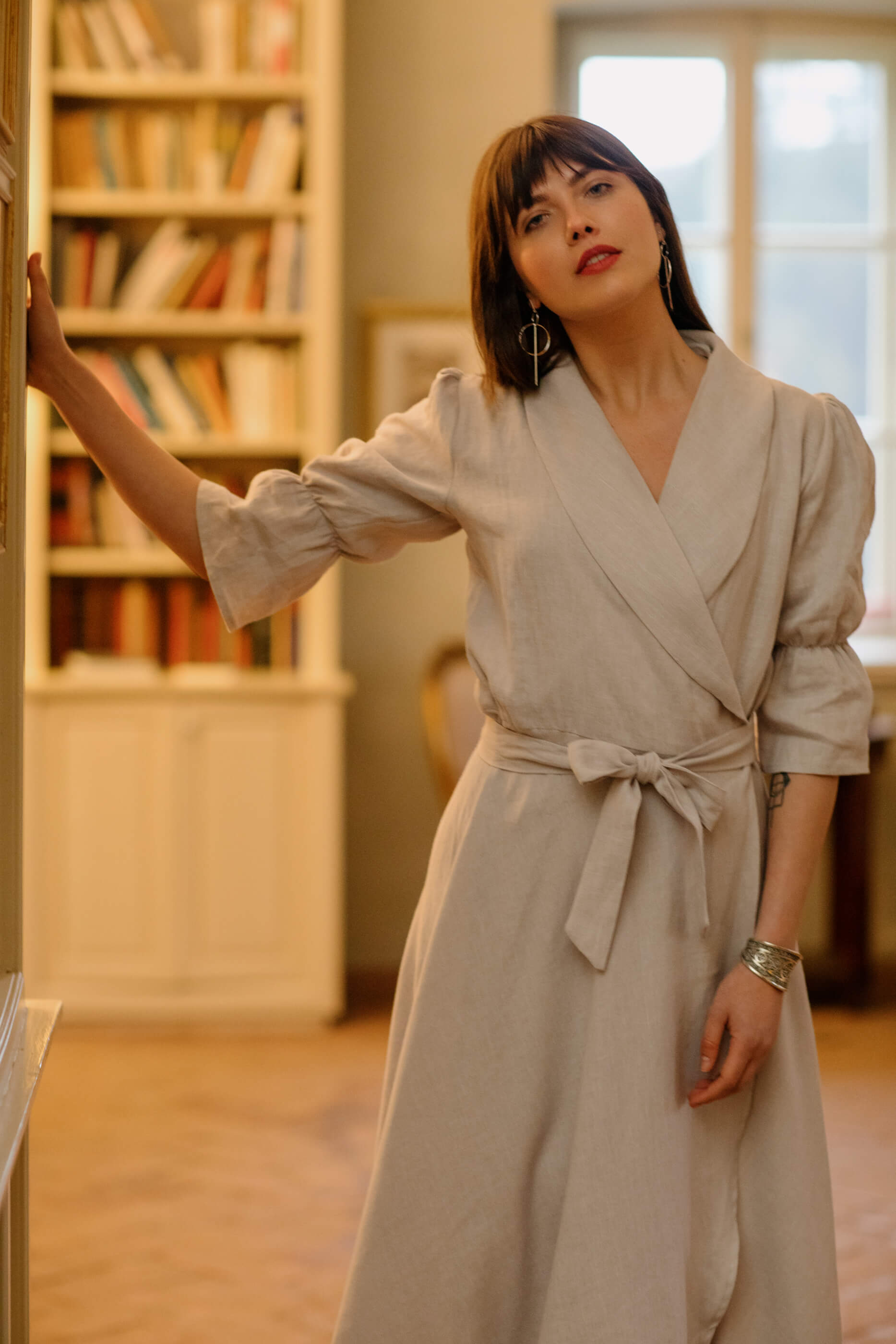ZITA Shawl Collar Long Flared Linen Dress Light Grey