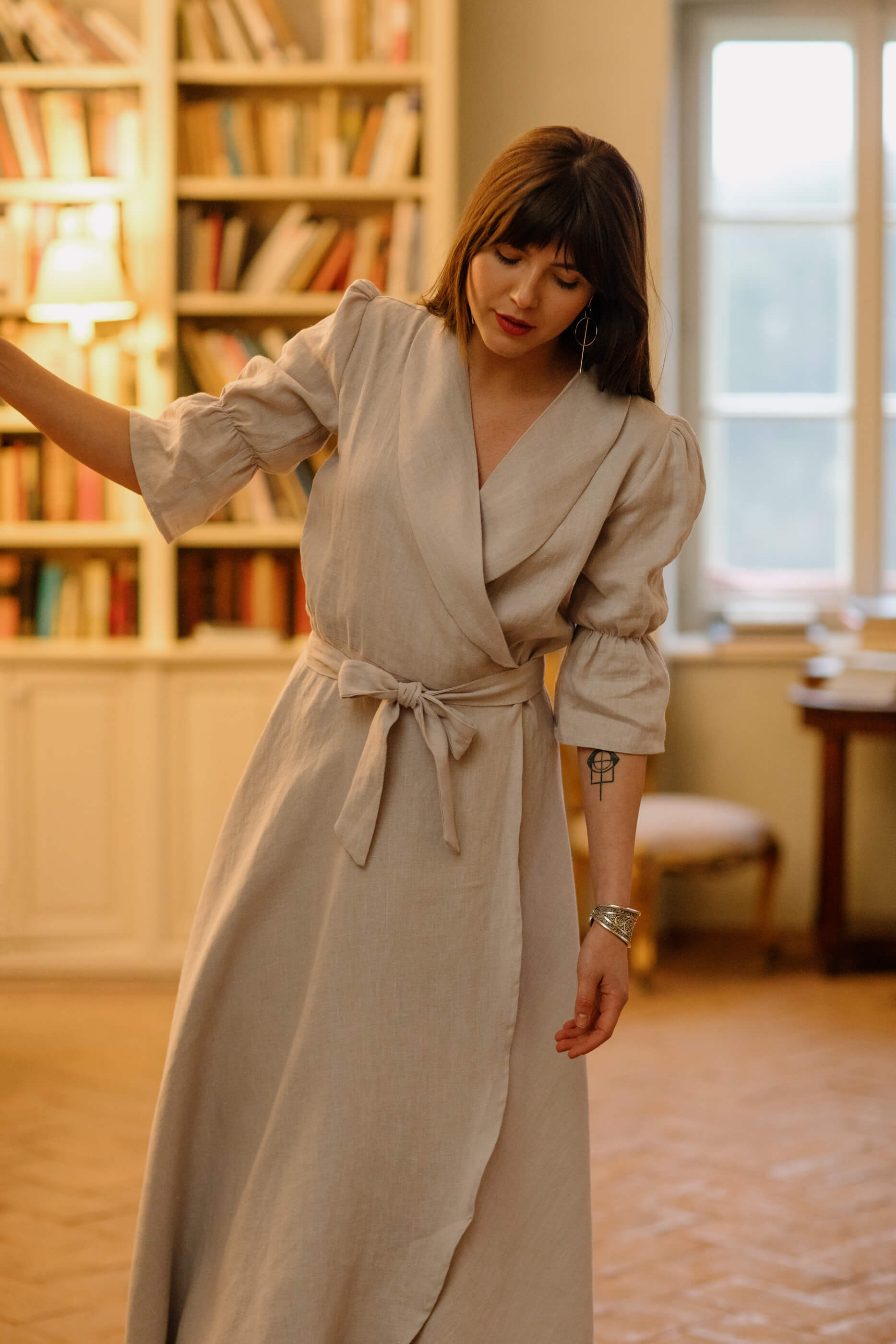 ZITA Shawl Collar Long Flared Linen Dress Light Grey