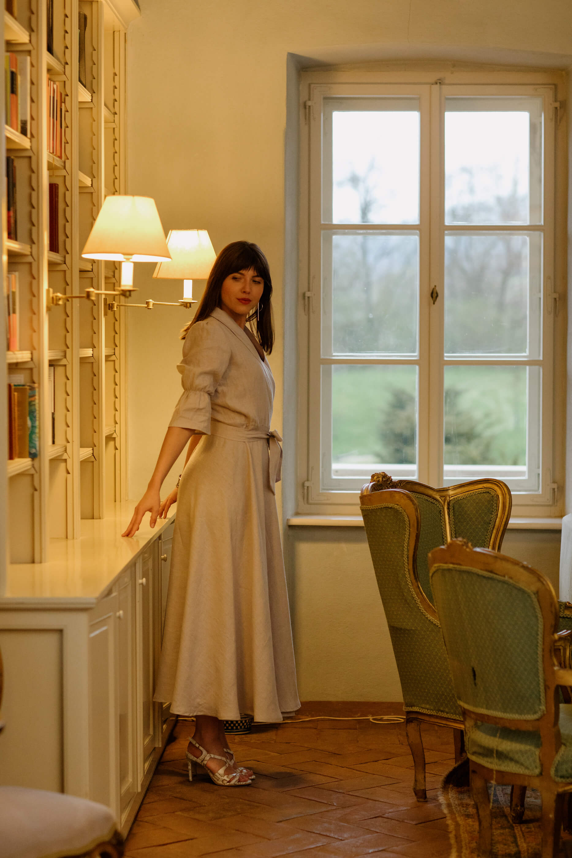 ZITA Shawl Collar Long Flared Linen Dress Light Grey