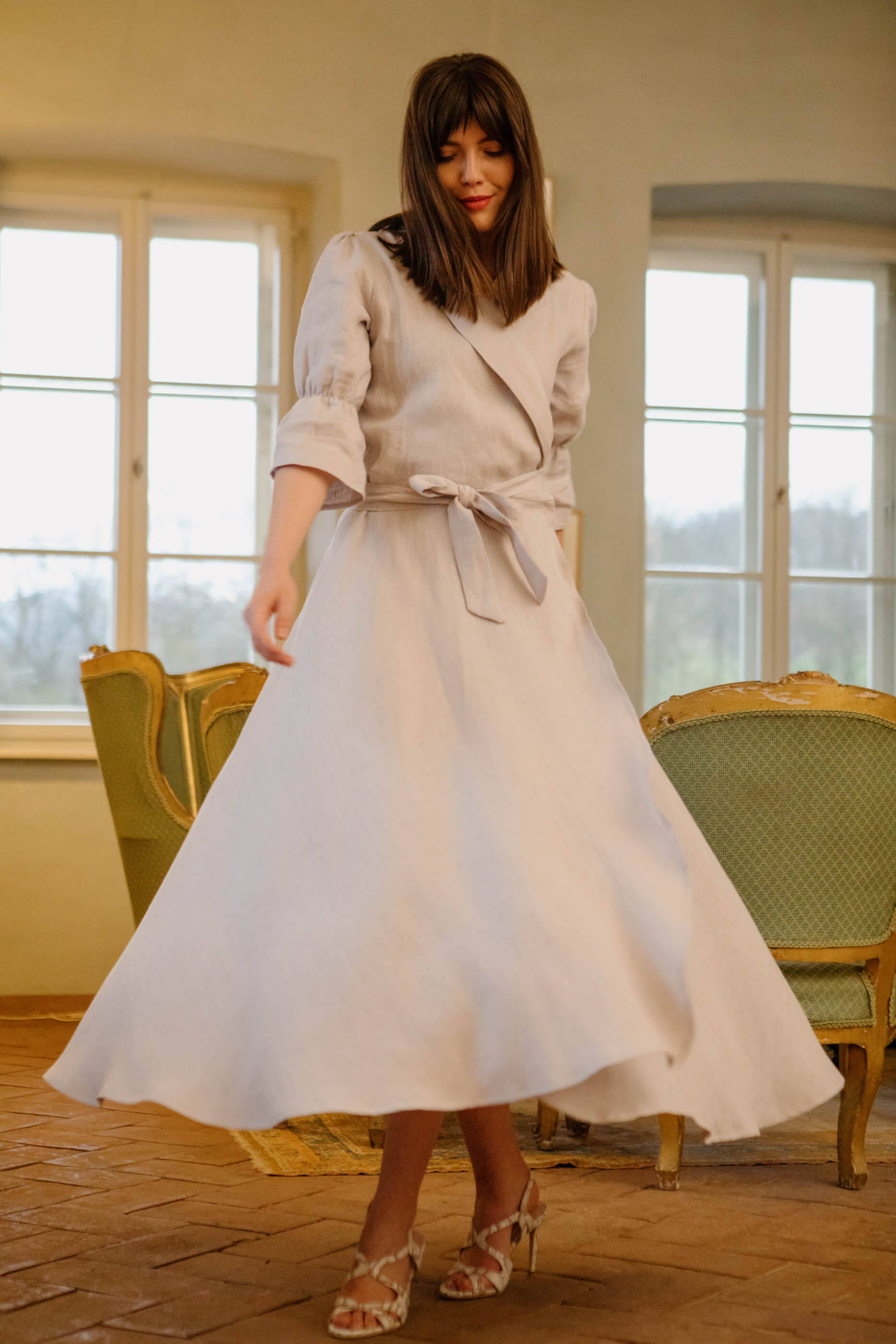 ZITA Shawl Collar Long Flared Linen Dress Light Grey