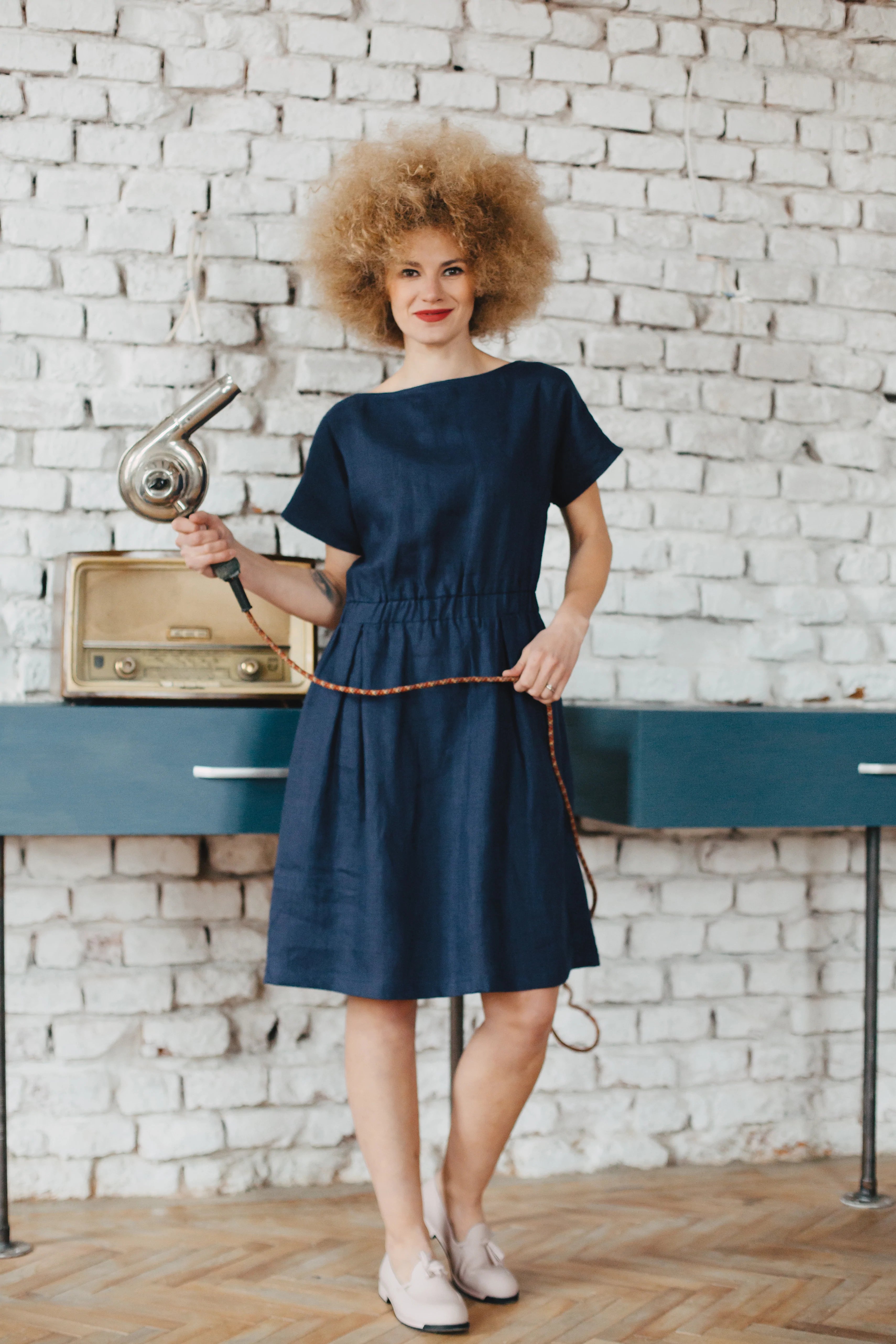 Linen Dress with Elasticated Waist Play Navy