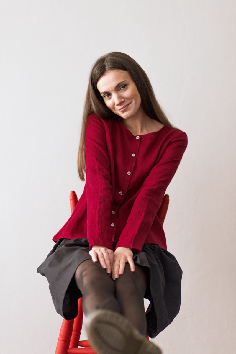 MEGHAN Long Sleeve Linen Blouse with Buttons Burgundy