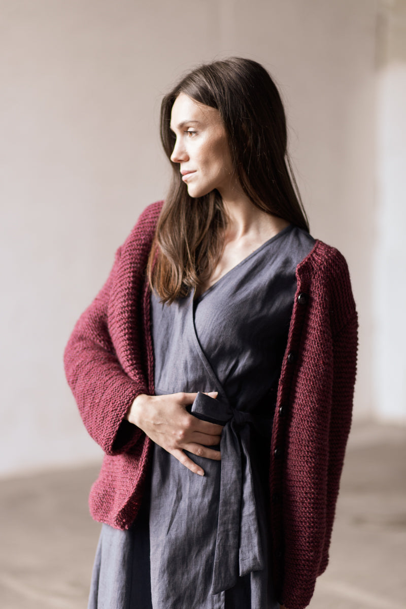 Nora Linen Wrap Dress with Long Sleeves Dark Grey