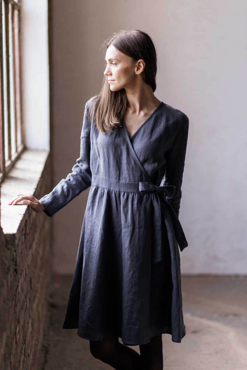 Nora Linen Wrap Dress with Long Sleeves Dark Grey