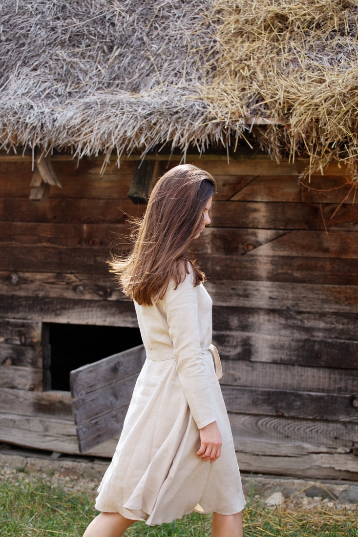 Long Sleeve Linen Dress Agatha Sand