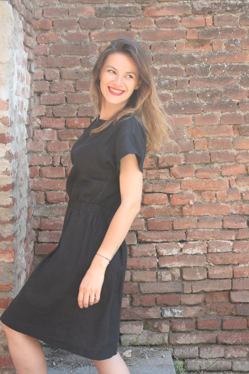 Linen Dress With Elasticated Waist Play Black
